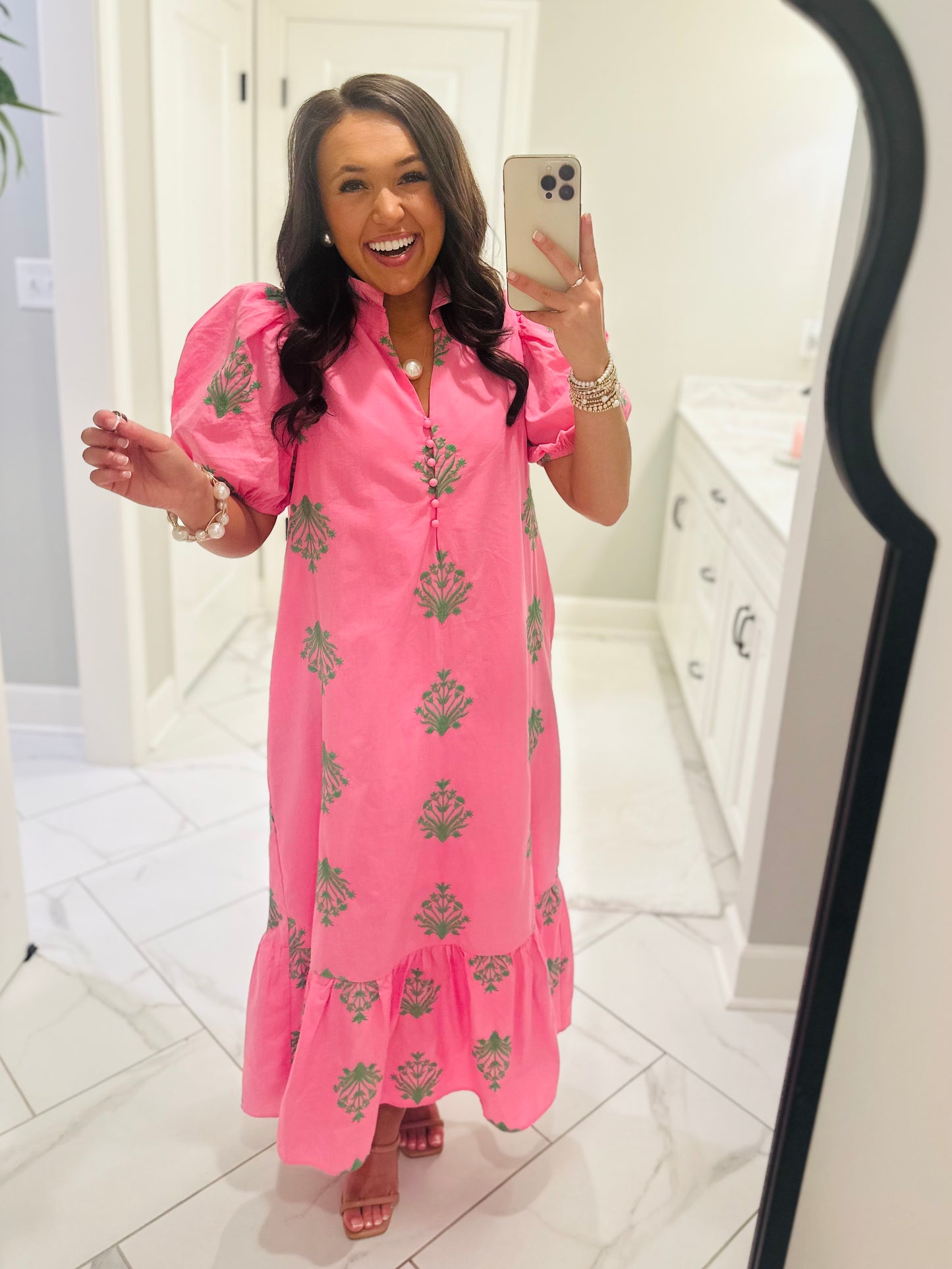 The Nola Pink + Green Botanical Embroidered Midi Dress
