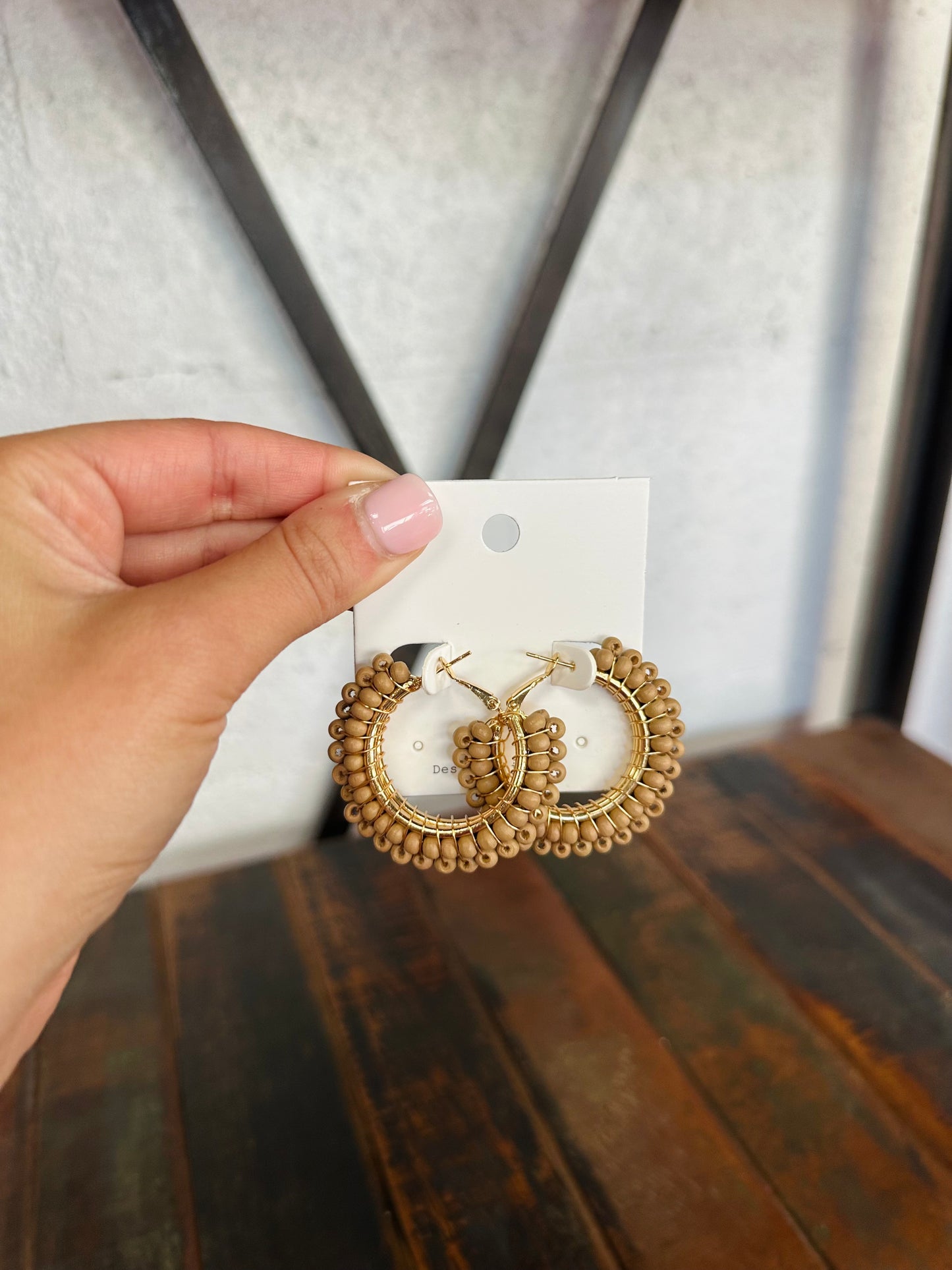 Light Brown Woven Wood Bead Hoops