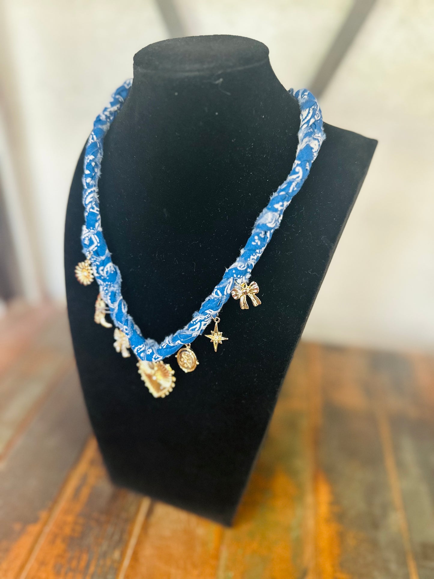 So Sweet & Chic Blue Gold Charm Scarf Necklace