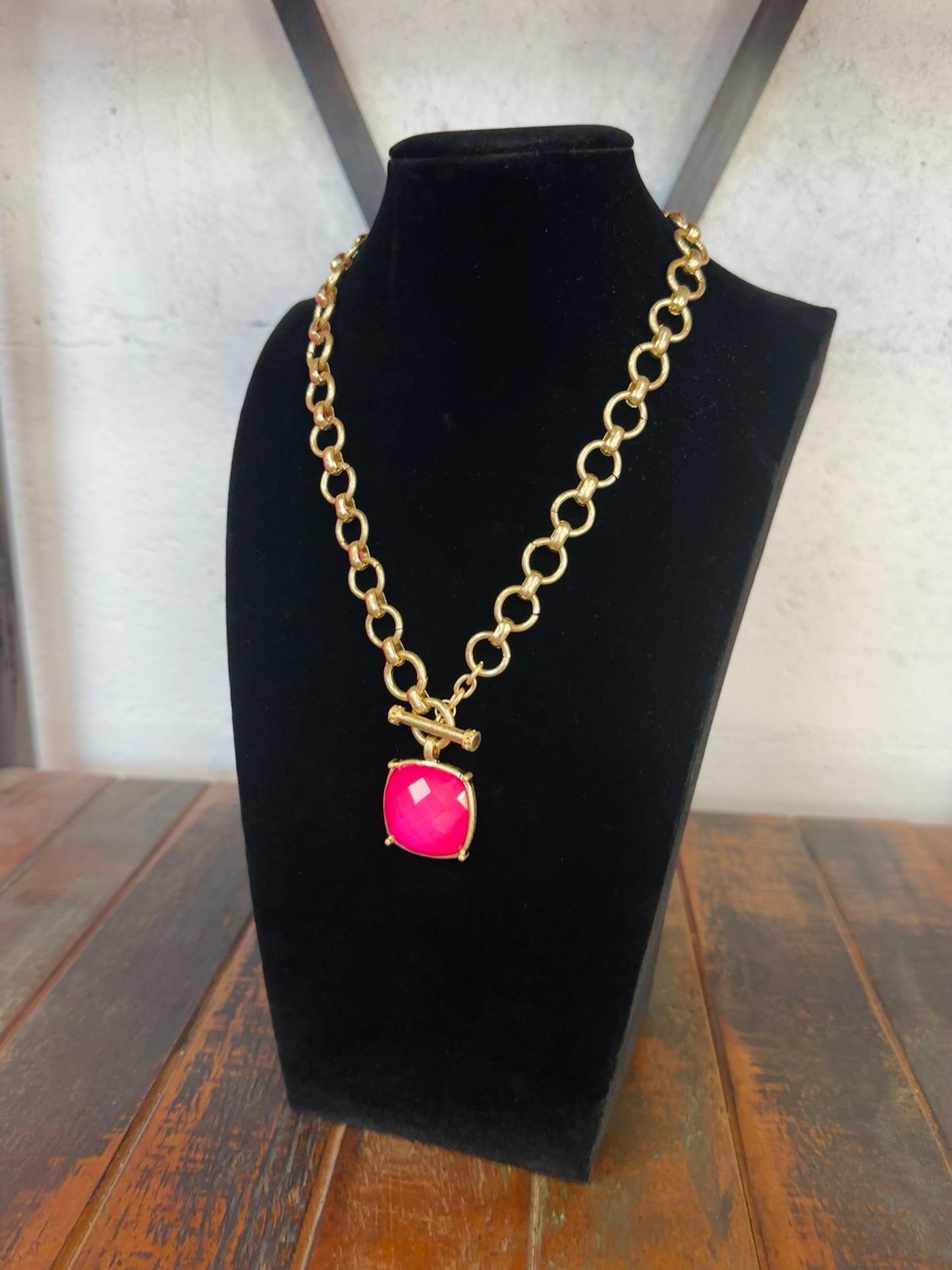 Fuchsia Square Stone Pendant Necklace