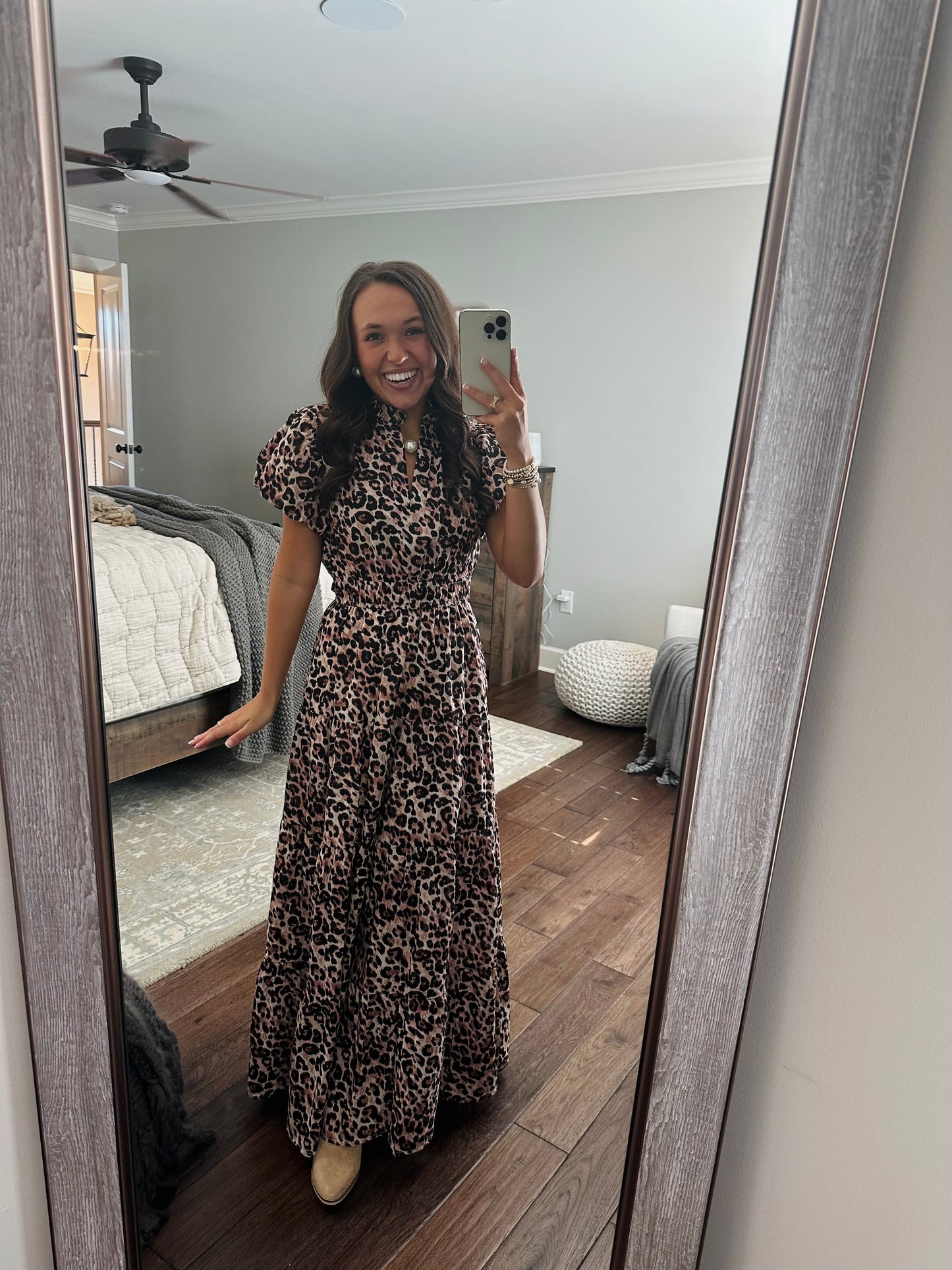 The Elizabeth Leopard Print Puff Sleeve Midi Dress