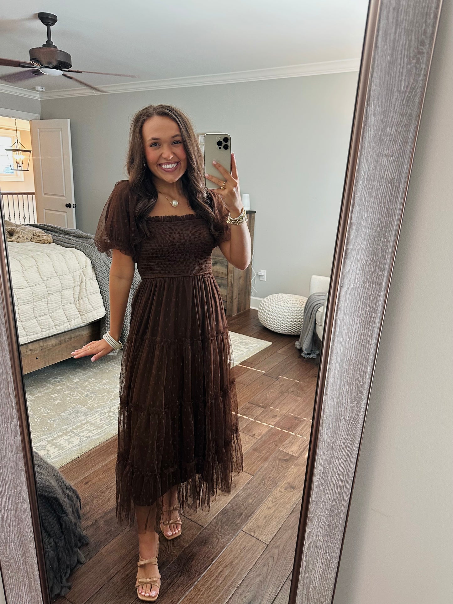 The Autumn Brown Polka Dot Chiffon Puff Sleeve Midi Dress