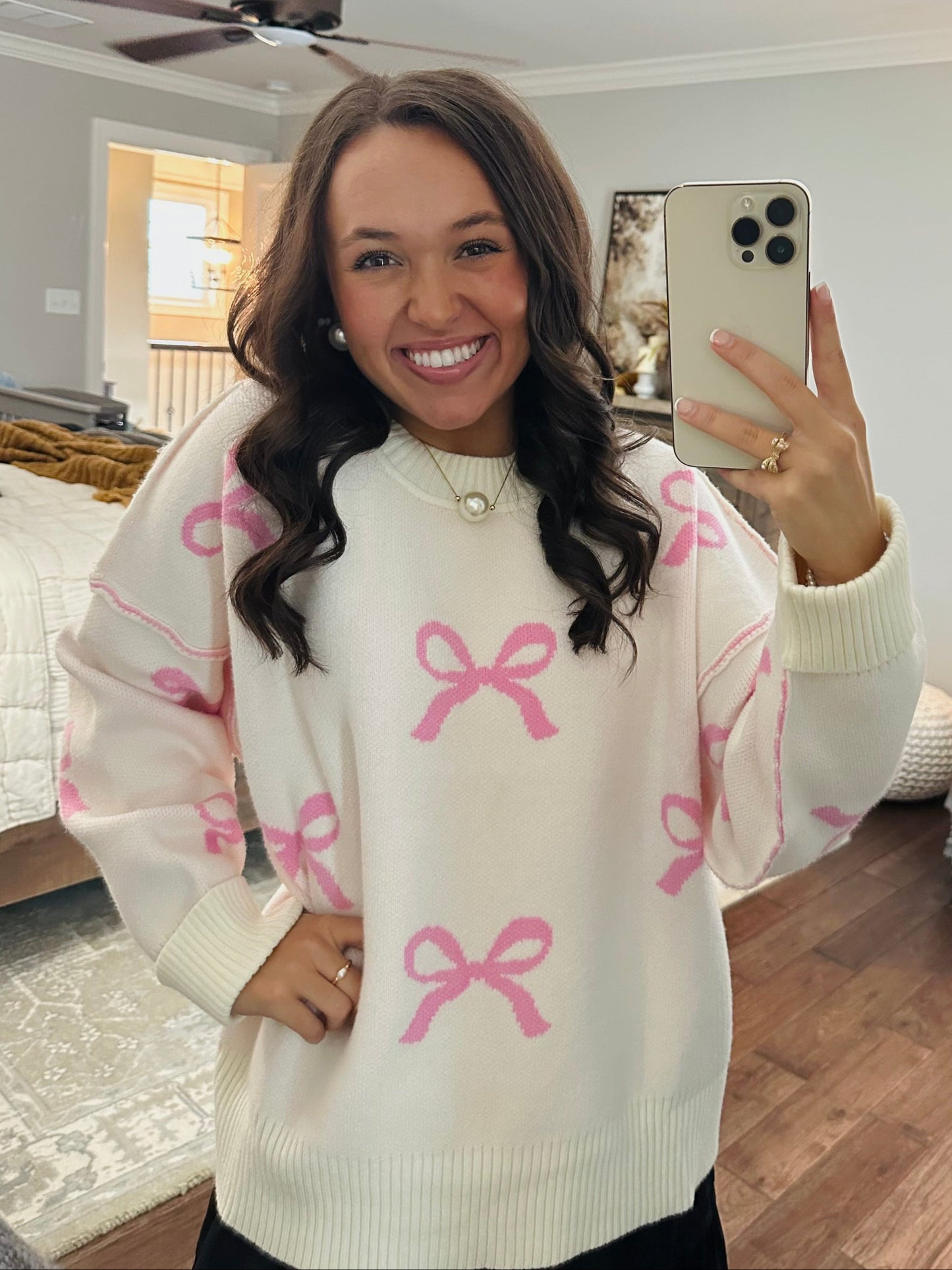The Grace Pink + Cream Bow Sweater