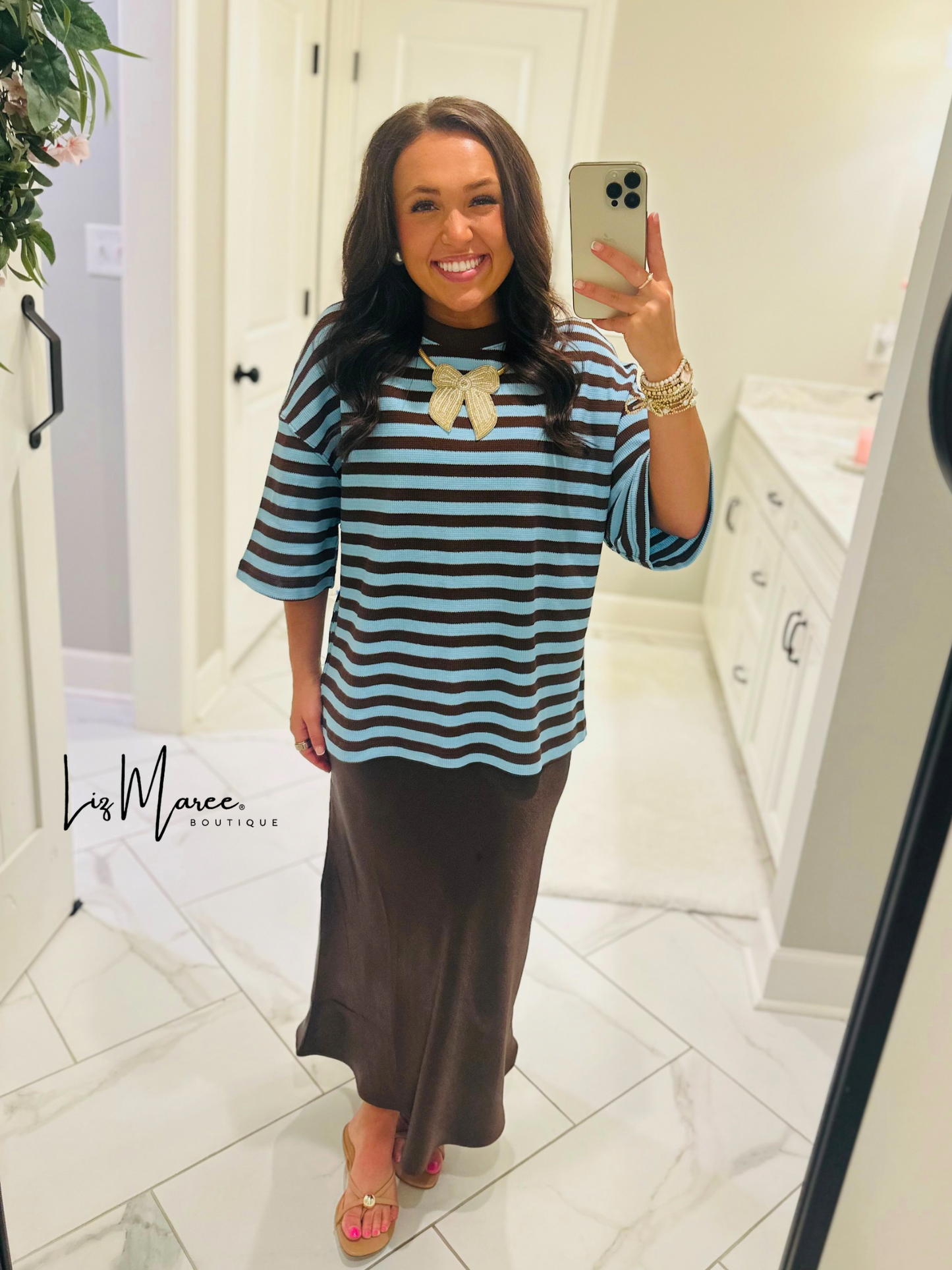 The Everly Blue + Brown Striped Knit Top