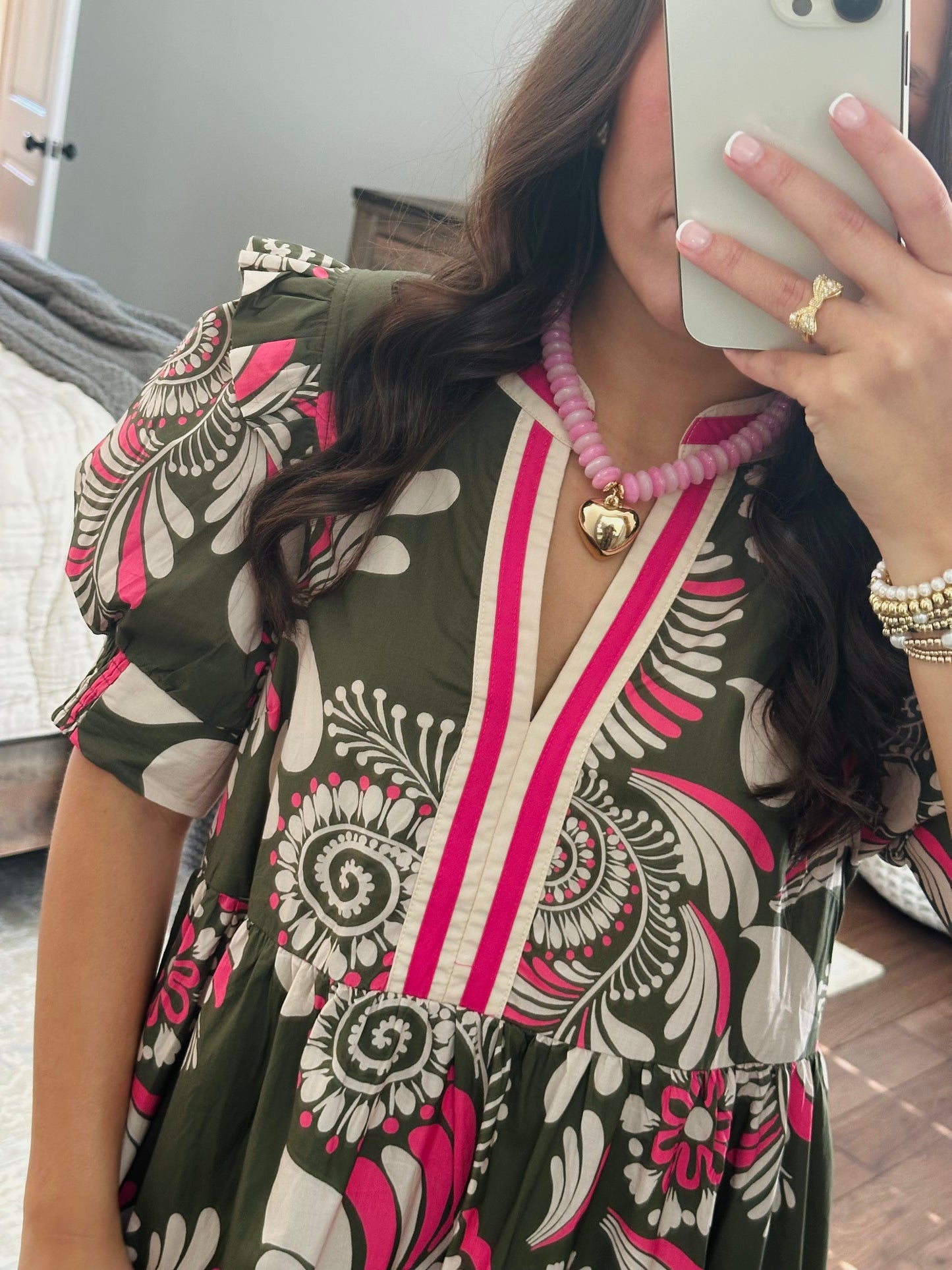 The Anne Olive Green + Pink Midi Dress