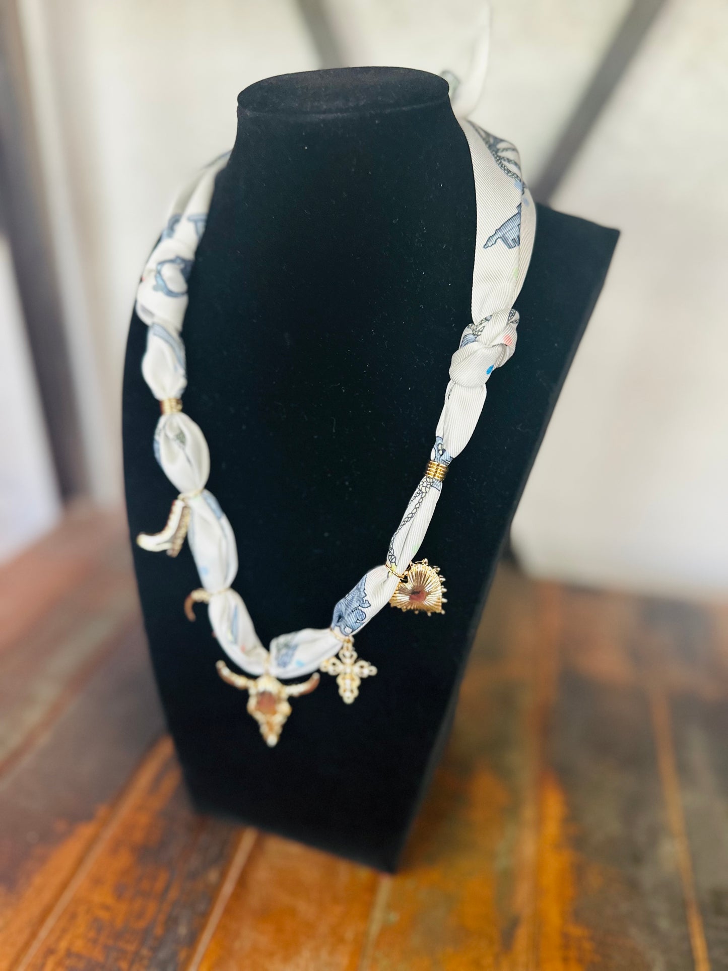 Western Steer Gold Charm Scarf Necklace - White