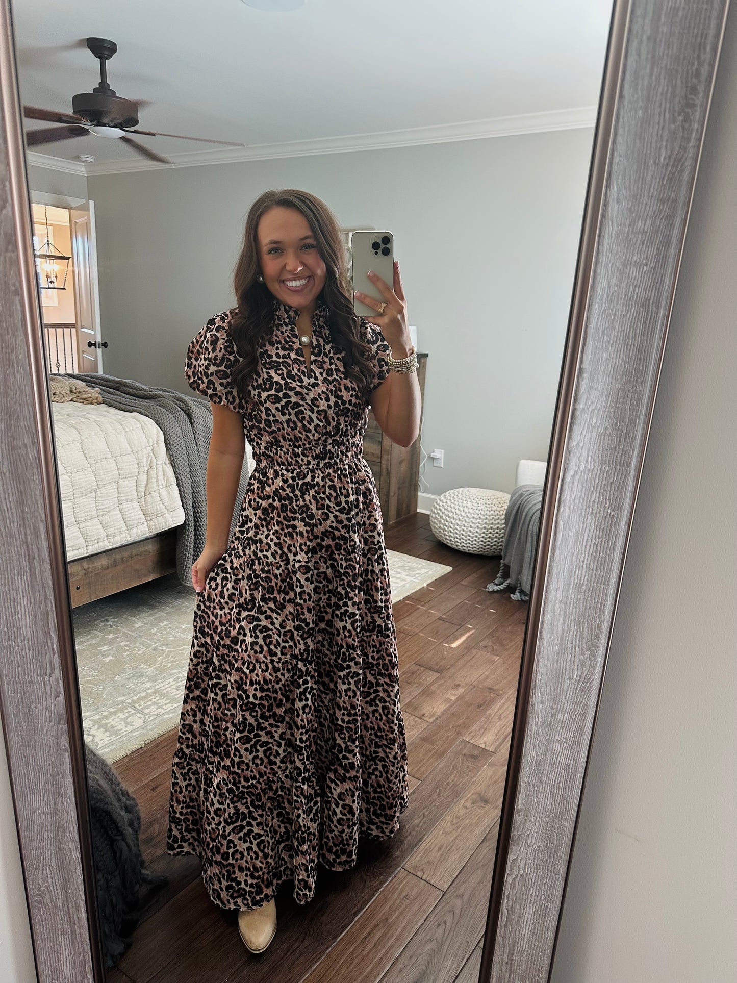 The Elizabeth Leopard Print Puff Sleeve Midi Dress