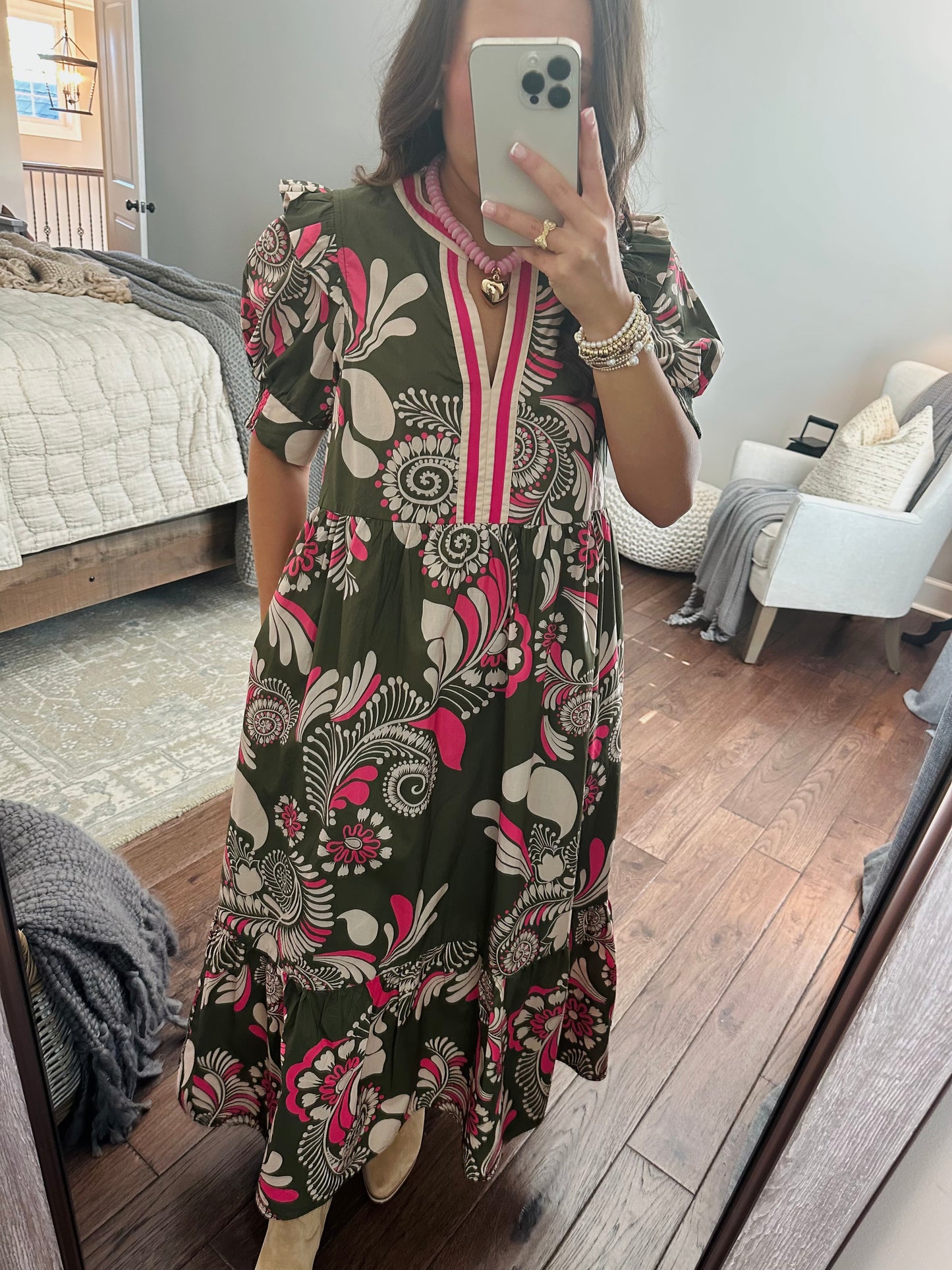 The Anne Olive Green + Pink Midi Dress