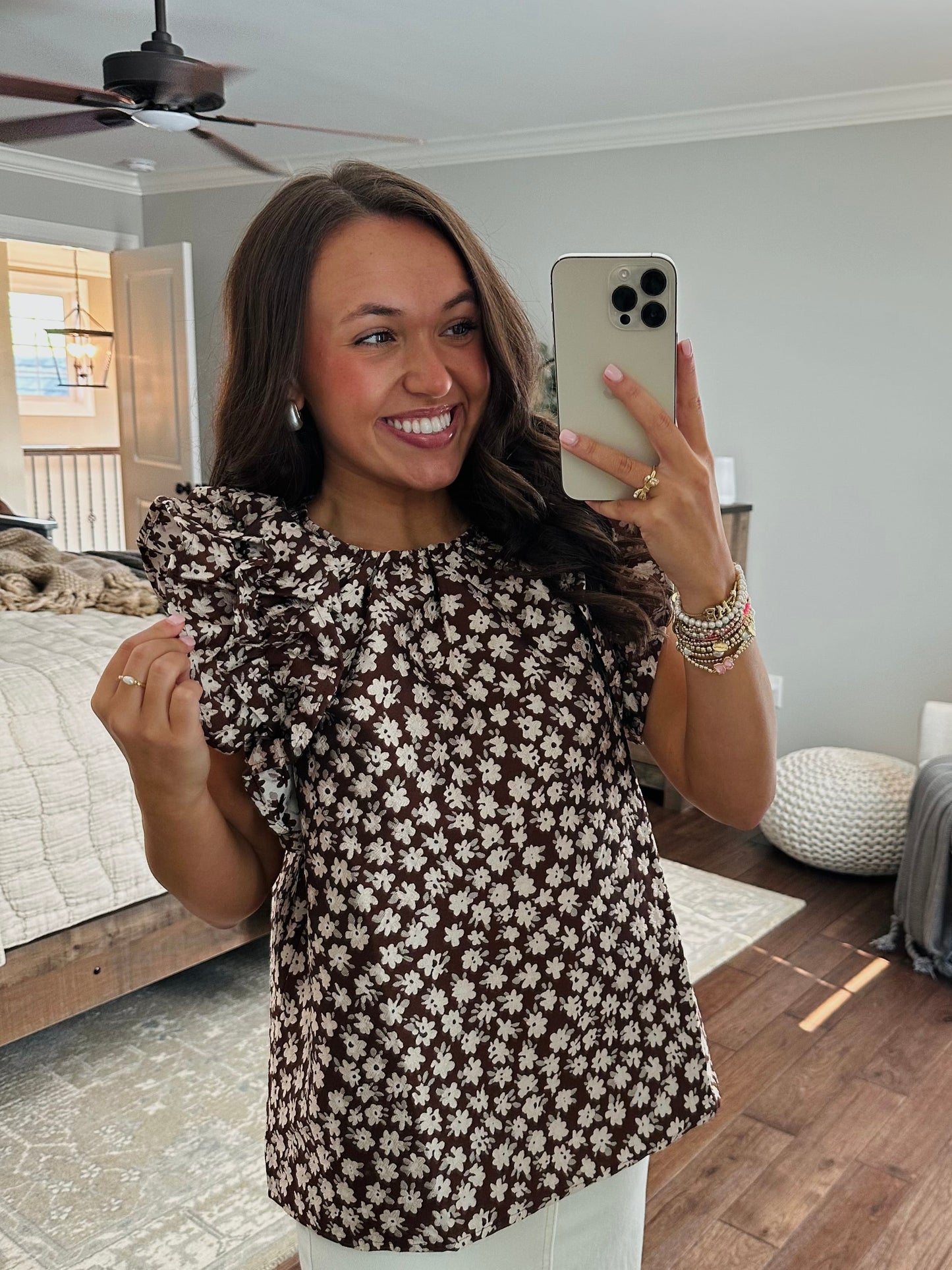 The Darci Brown Floral Ruffle Sleeve Top