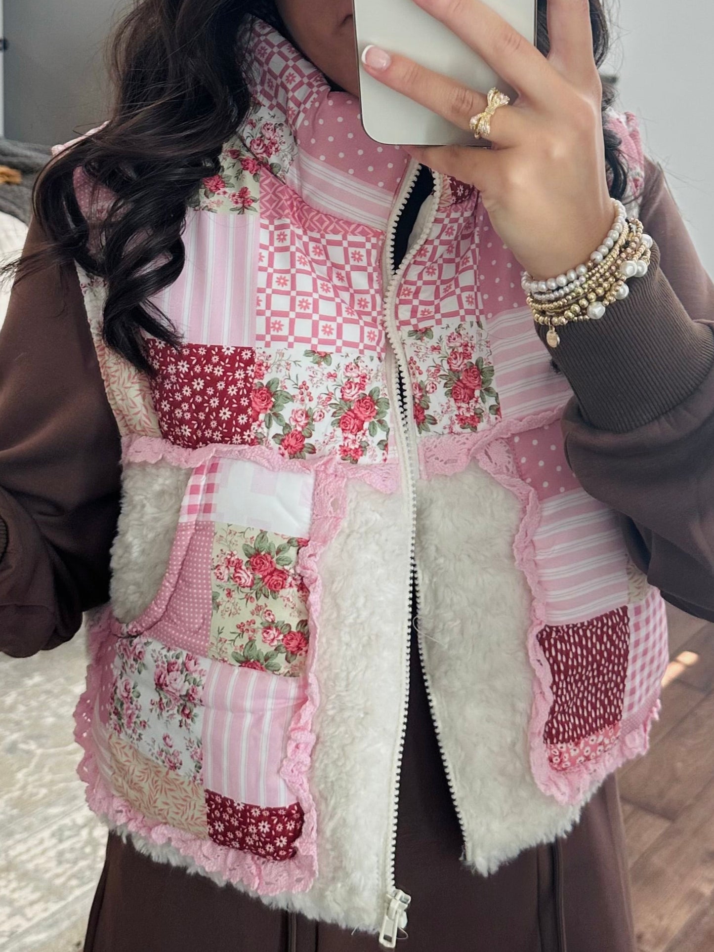 The Winnie Pink Patchwork Ruffle Sherpa Vest