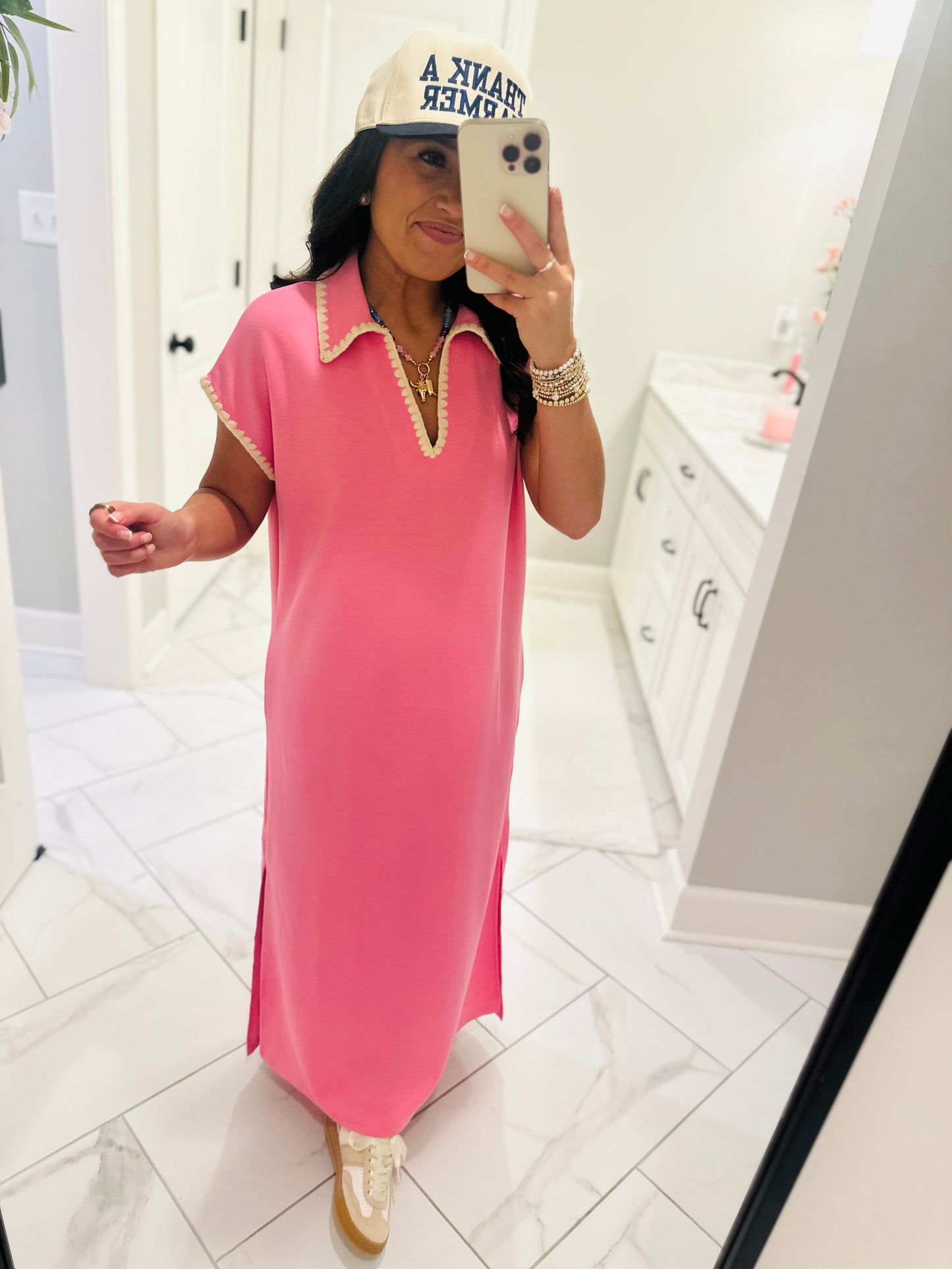 The Sarah Pink Collared Stitch Midi Dress