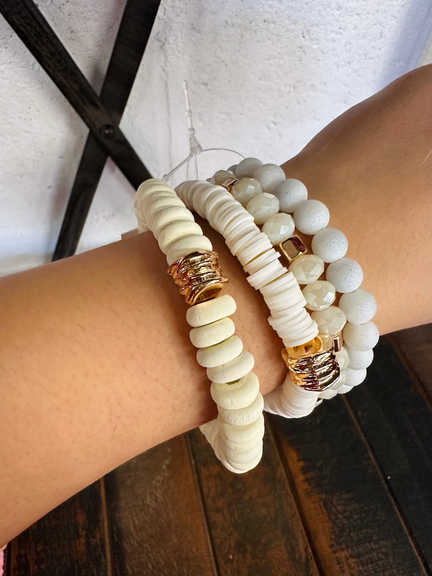 White Crystal Beaded Bracelet Stack