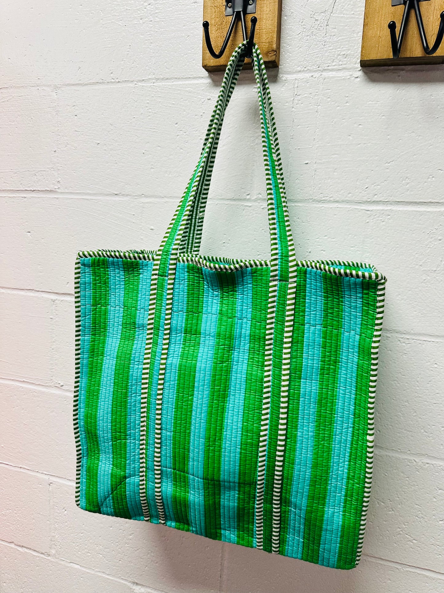 The Teal + Green Striped Quilted Tote Bag