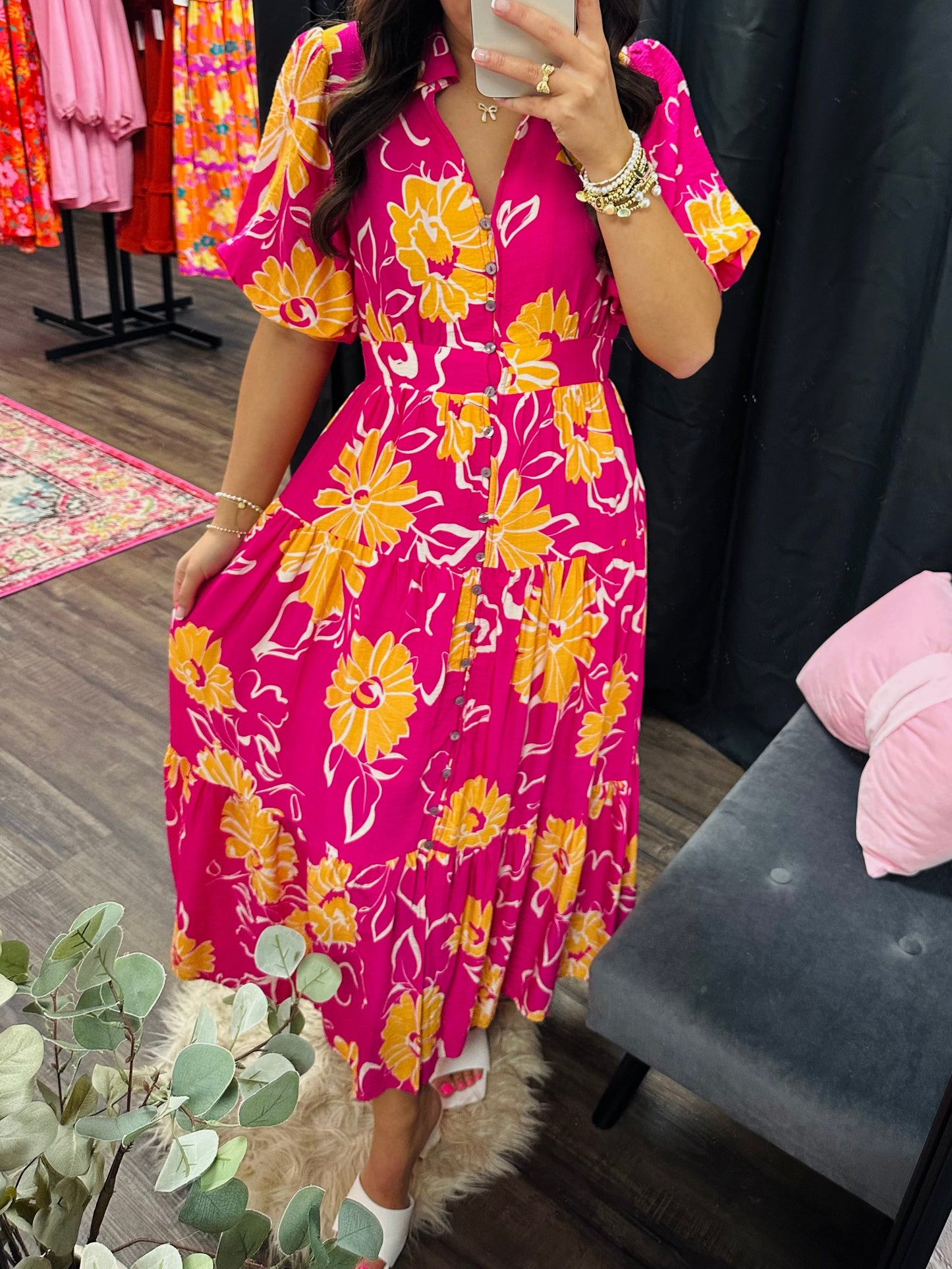 The Annamae Hot Pink Floral Midi Dress