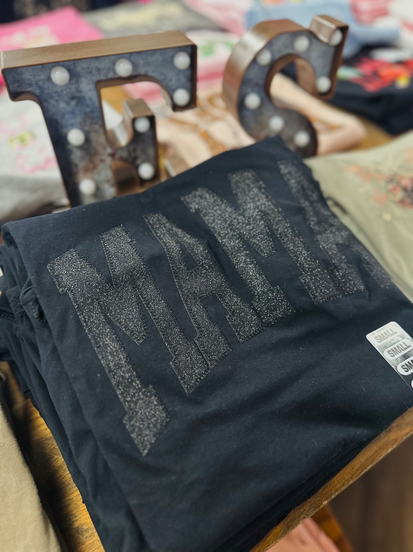 Mama Embroidered Black Sequin Tee