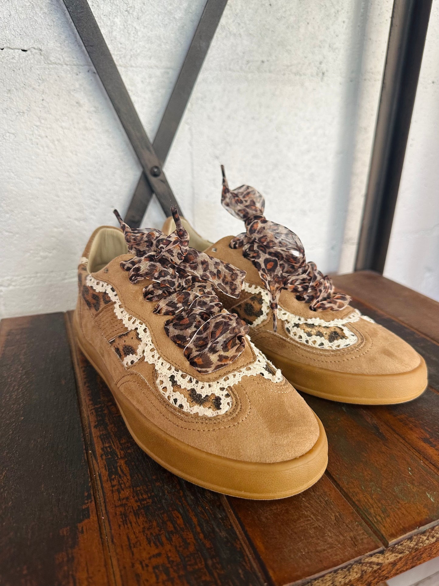 The Eleanor Camel Leopard Lace Trim Sneaker