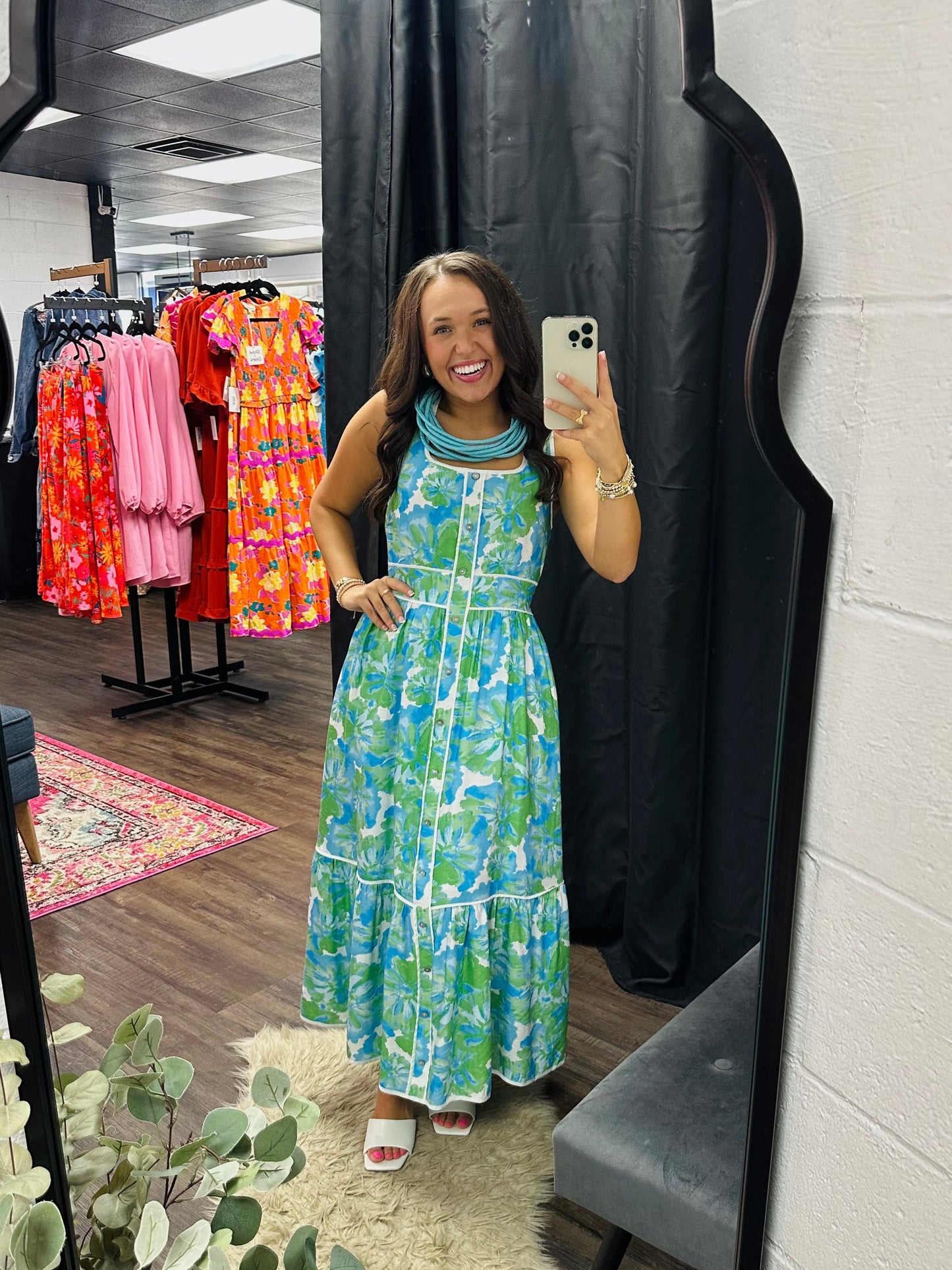The Lakelynn Green Aqua Floral Midi Dress