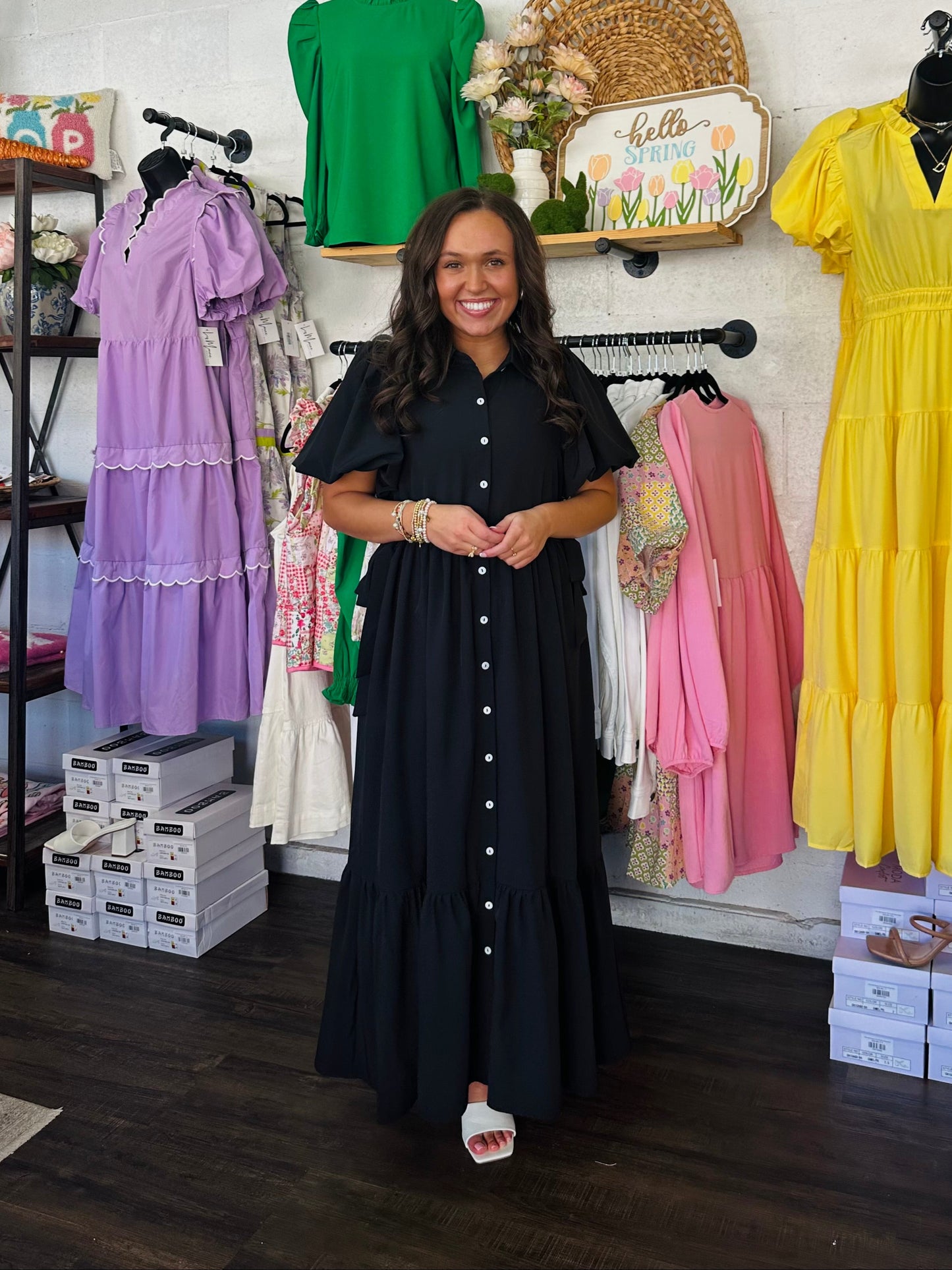 The Cali Black Button Front Midi Dress