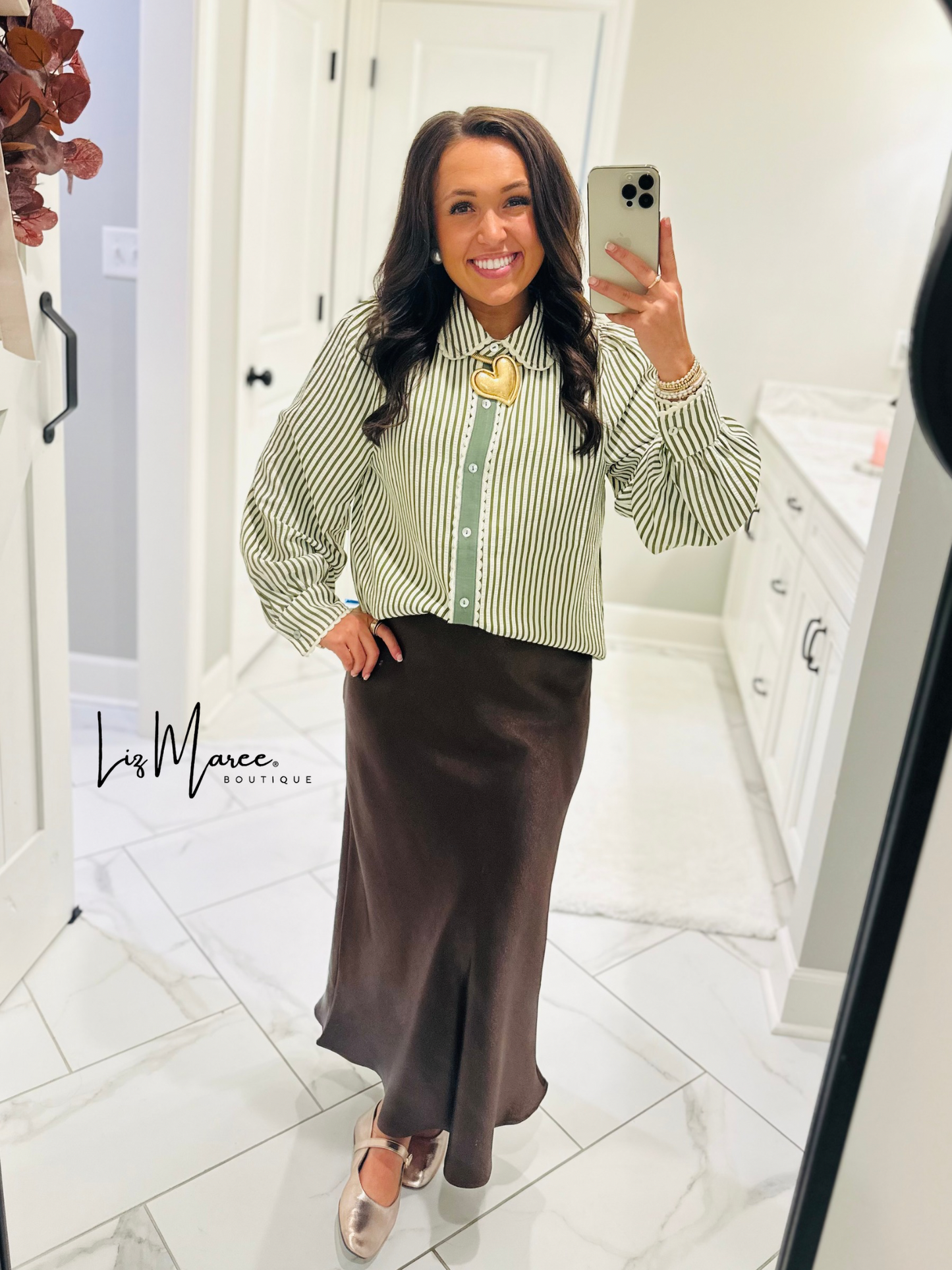 The Kathy Olive Green Striped Scallop Top