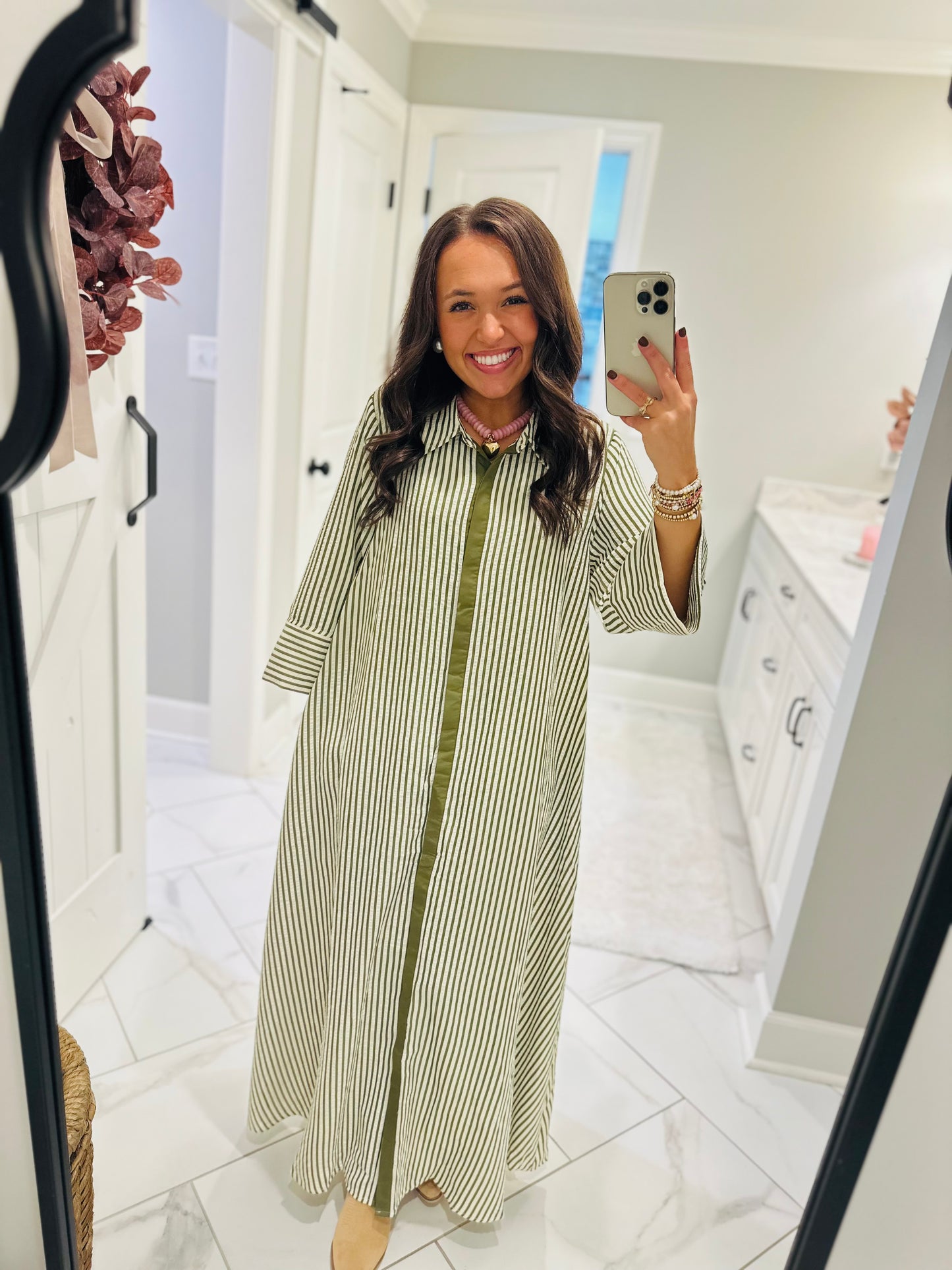 The Nora Olive Green Striped Midi Dress
