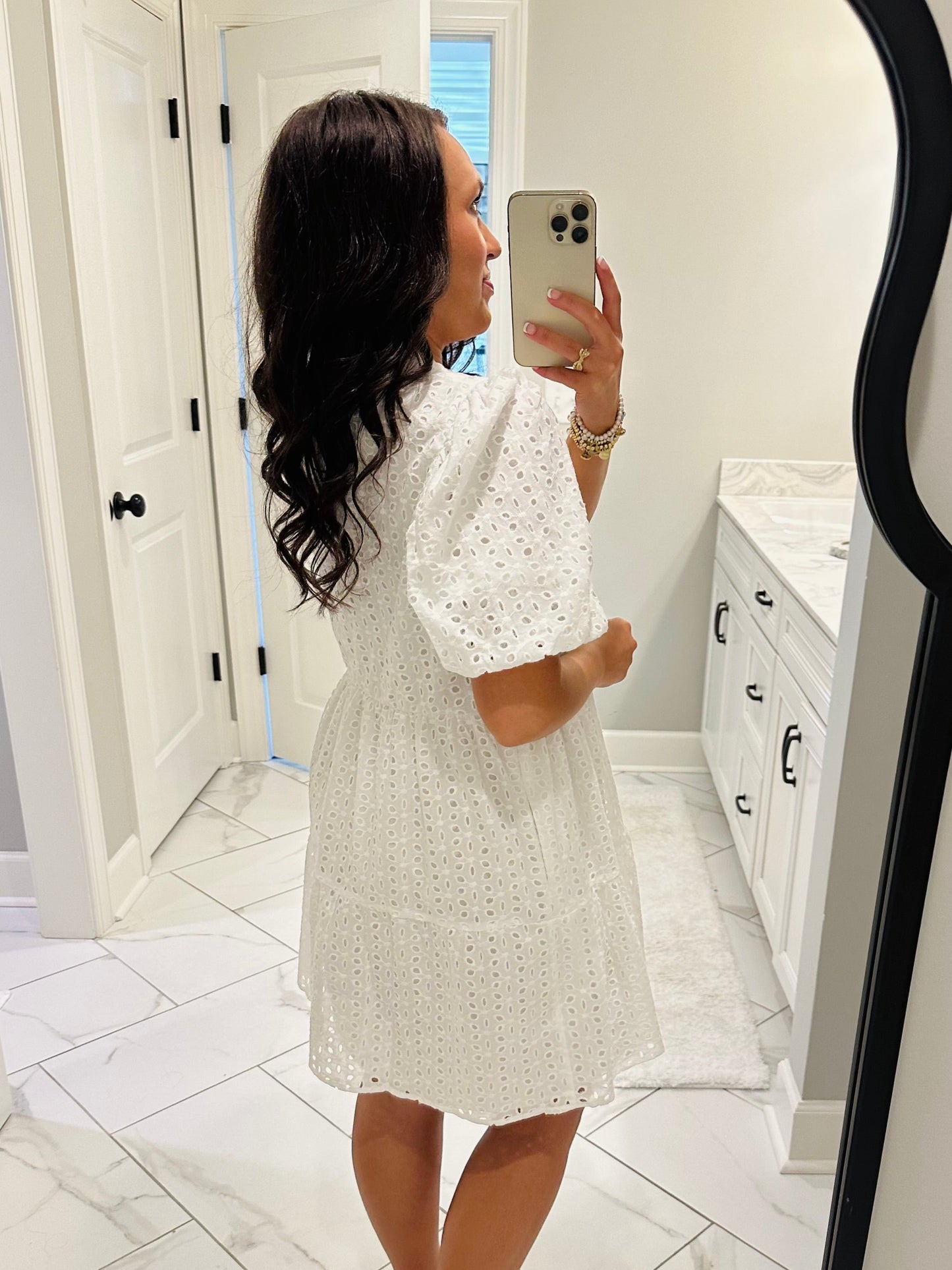 The Jacey White Babydoll Eyelet Dress