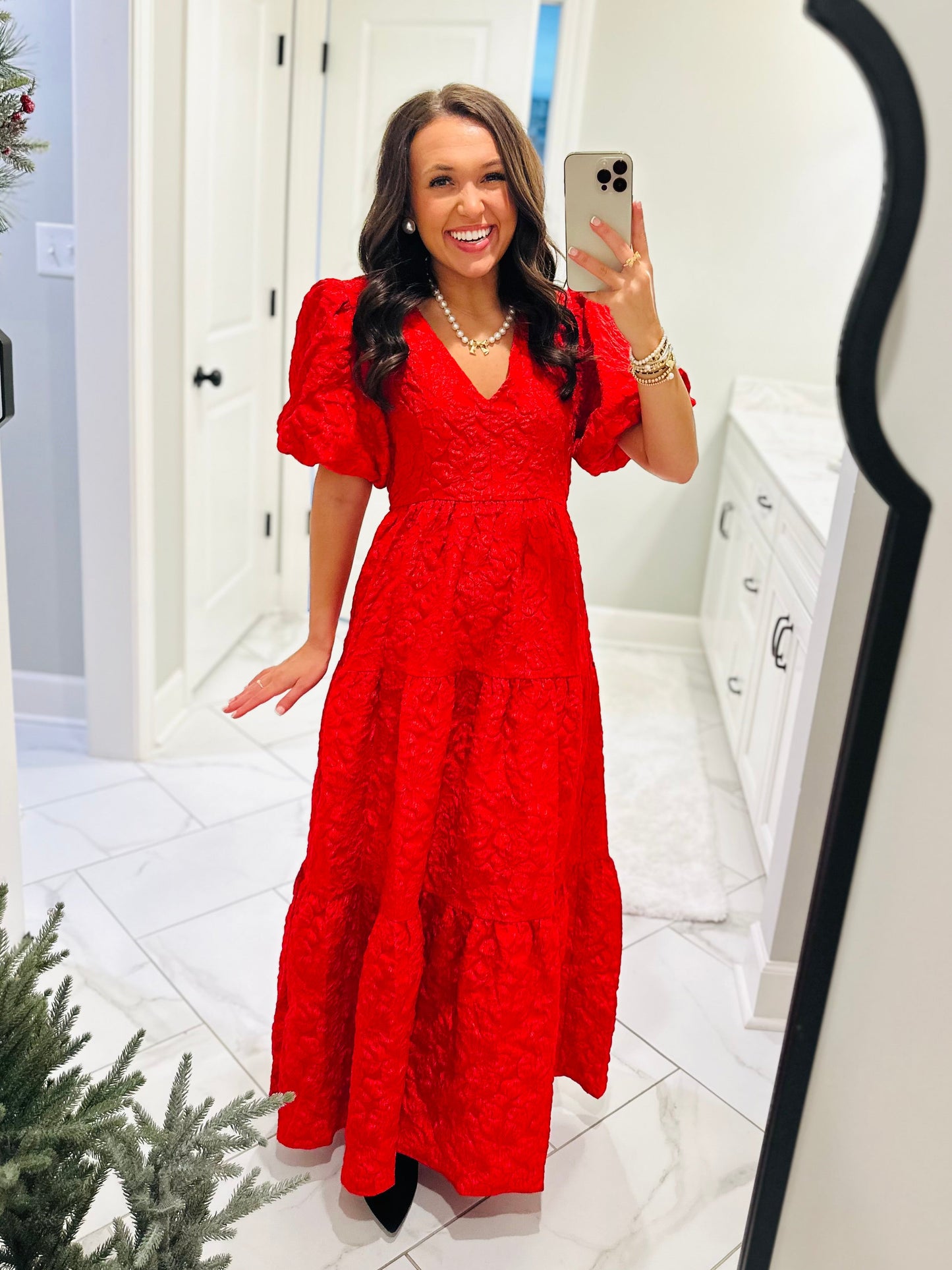 The Aria Red Jacquard Maxi Dress