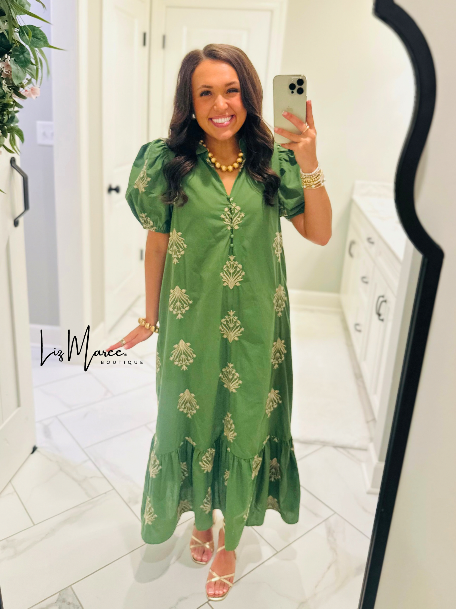 The Nola Olive Green Botanical Embroidered Midi Dress