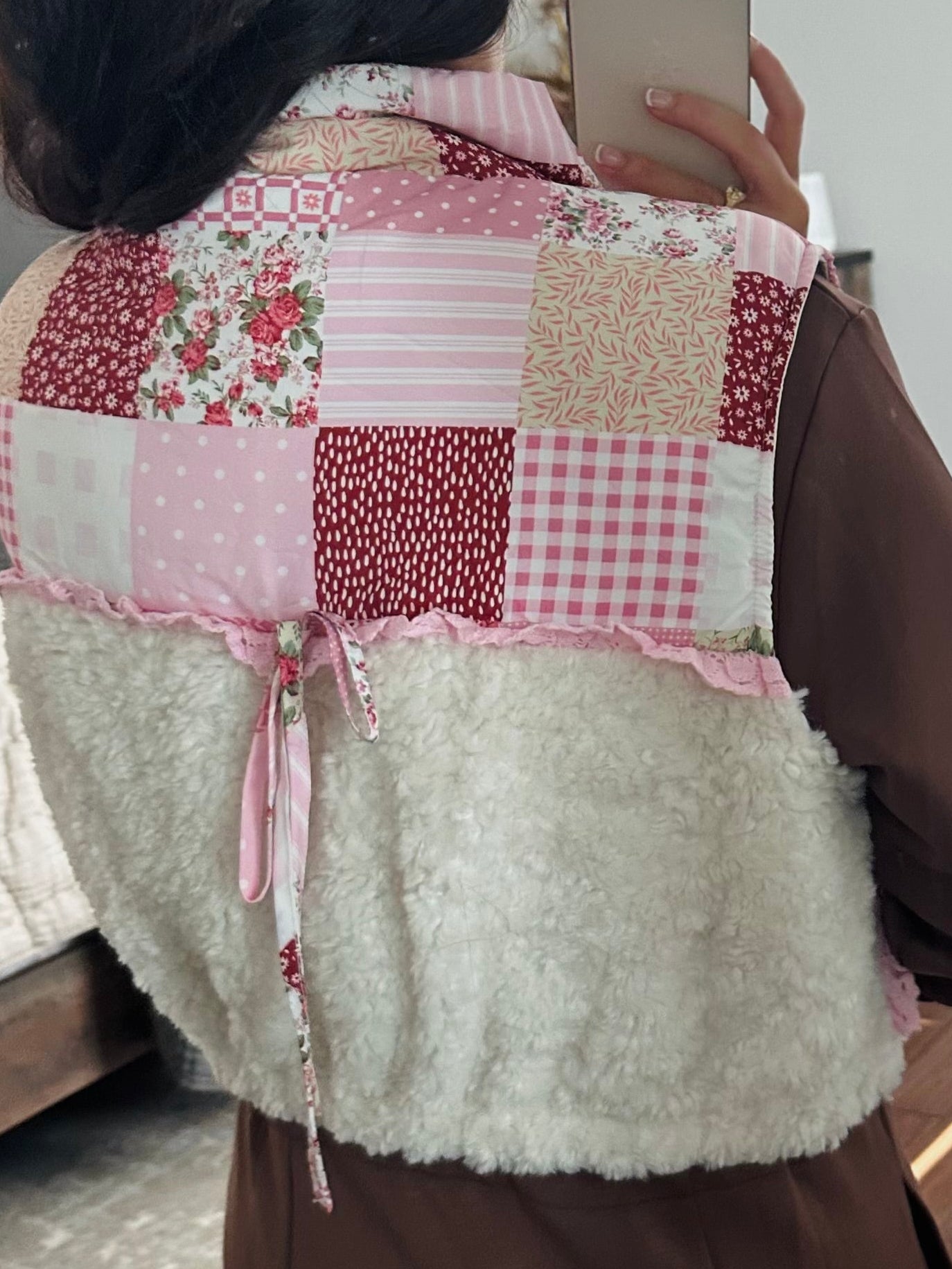 The Winnie Pink Patchwork Ruffle Sherpa Vest
