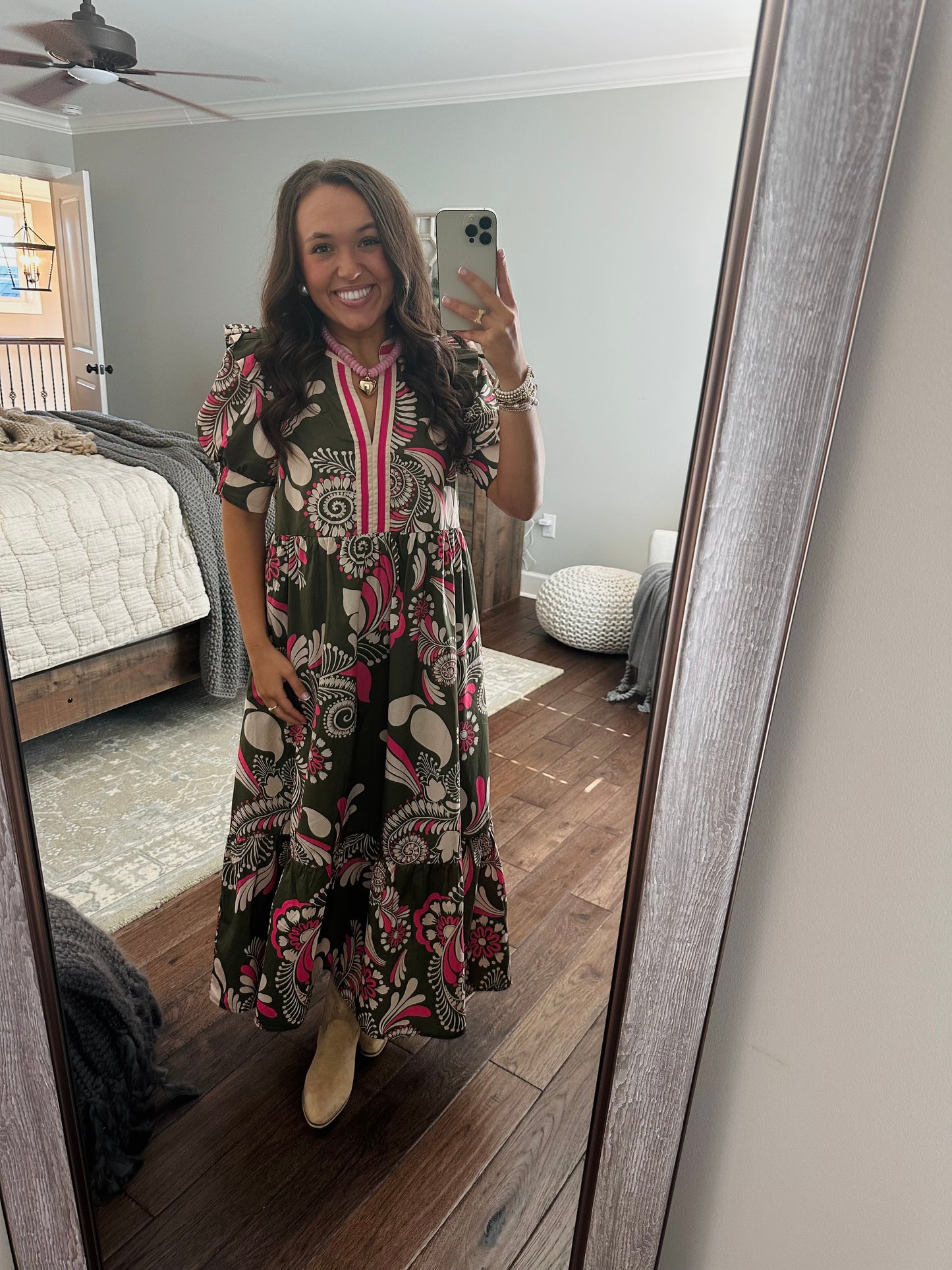 The Anne Olive Green + Pink Midi Dress