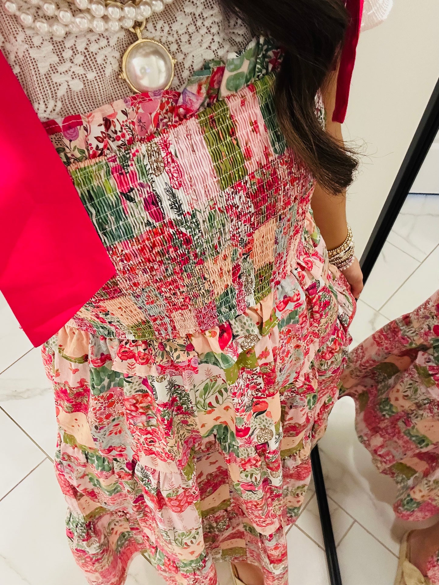 The Lillie Pink Multicolor Patchwork Midi Dress
