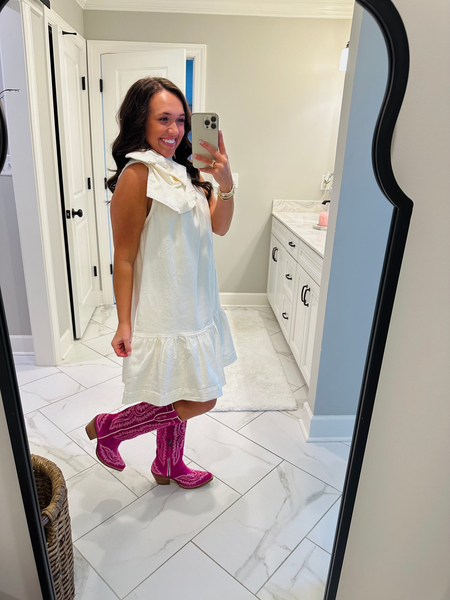 The Pearl White Bow Denim Dress