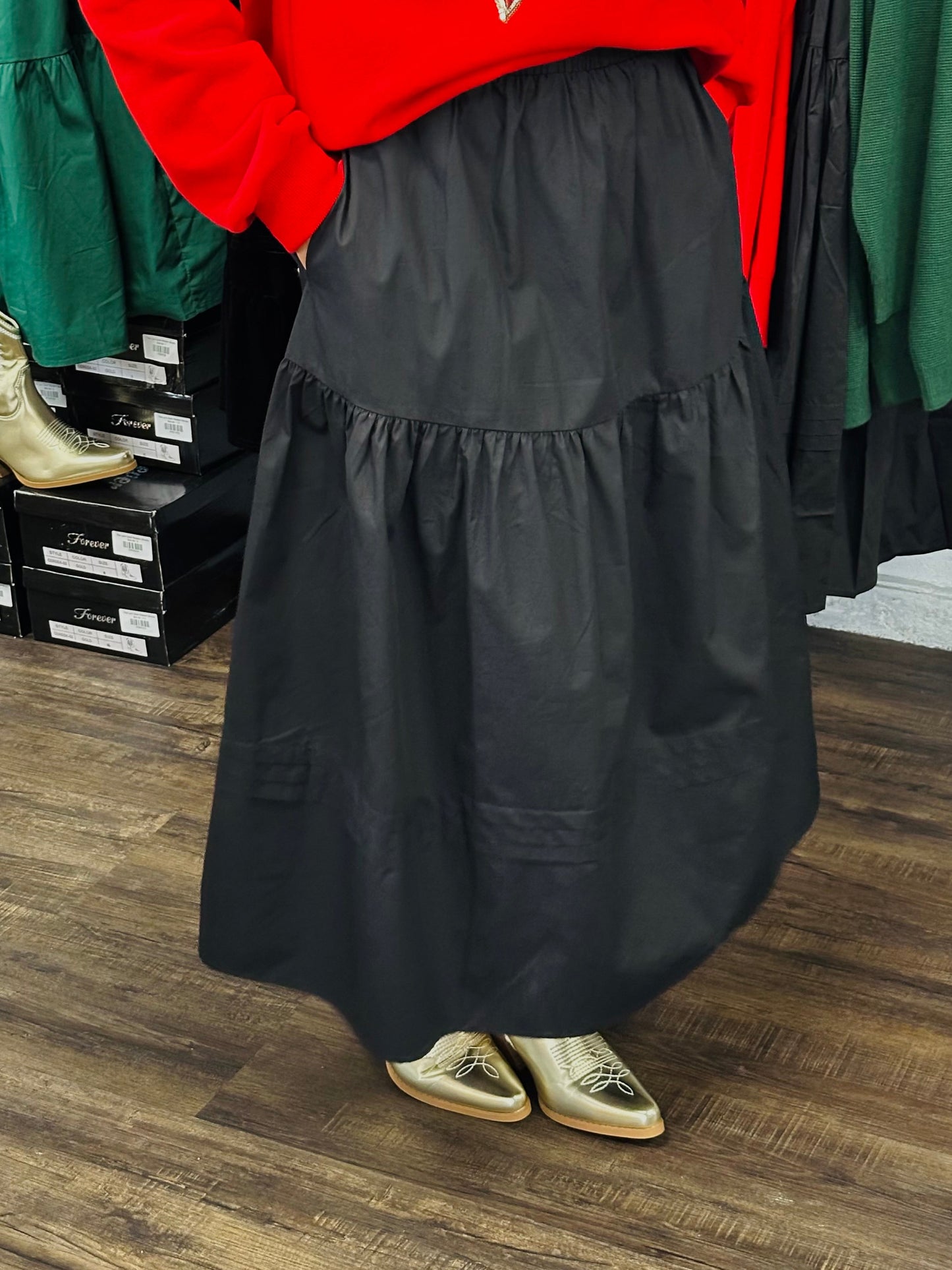 The Kelly Black Pleated Midi Skirt