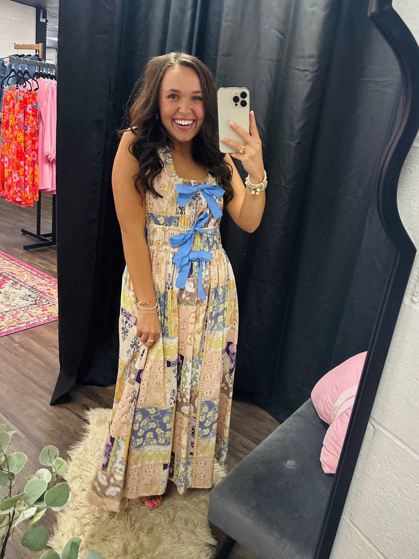 The Avery Patchwork Bow Midi Dress