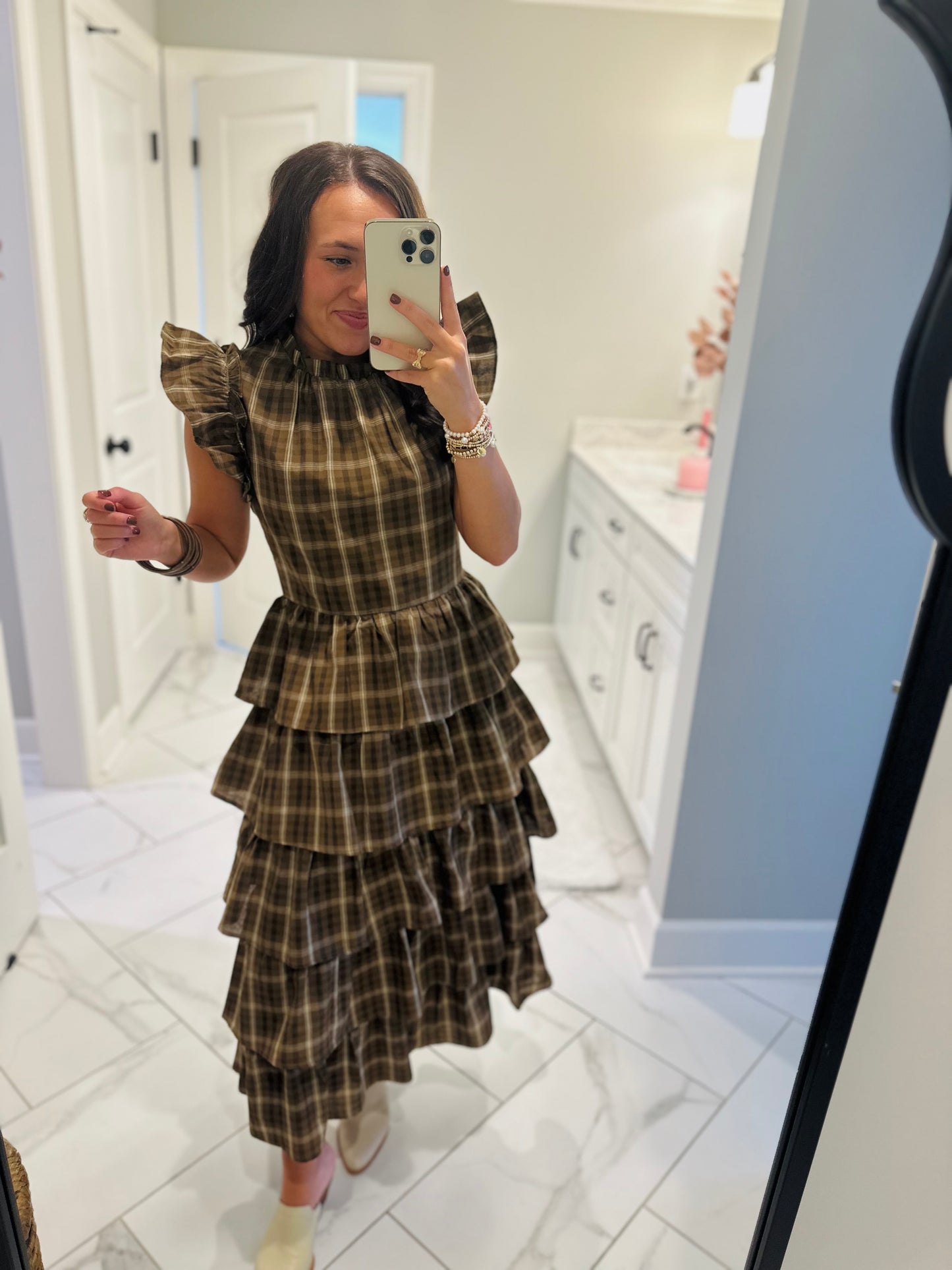 The Timber Brown Plaid Ruffle Tiered Midi Dress