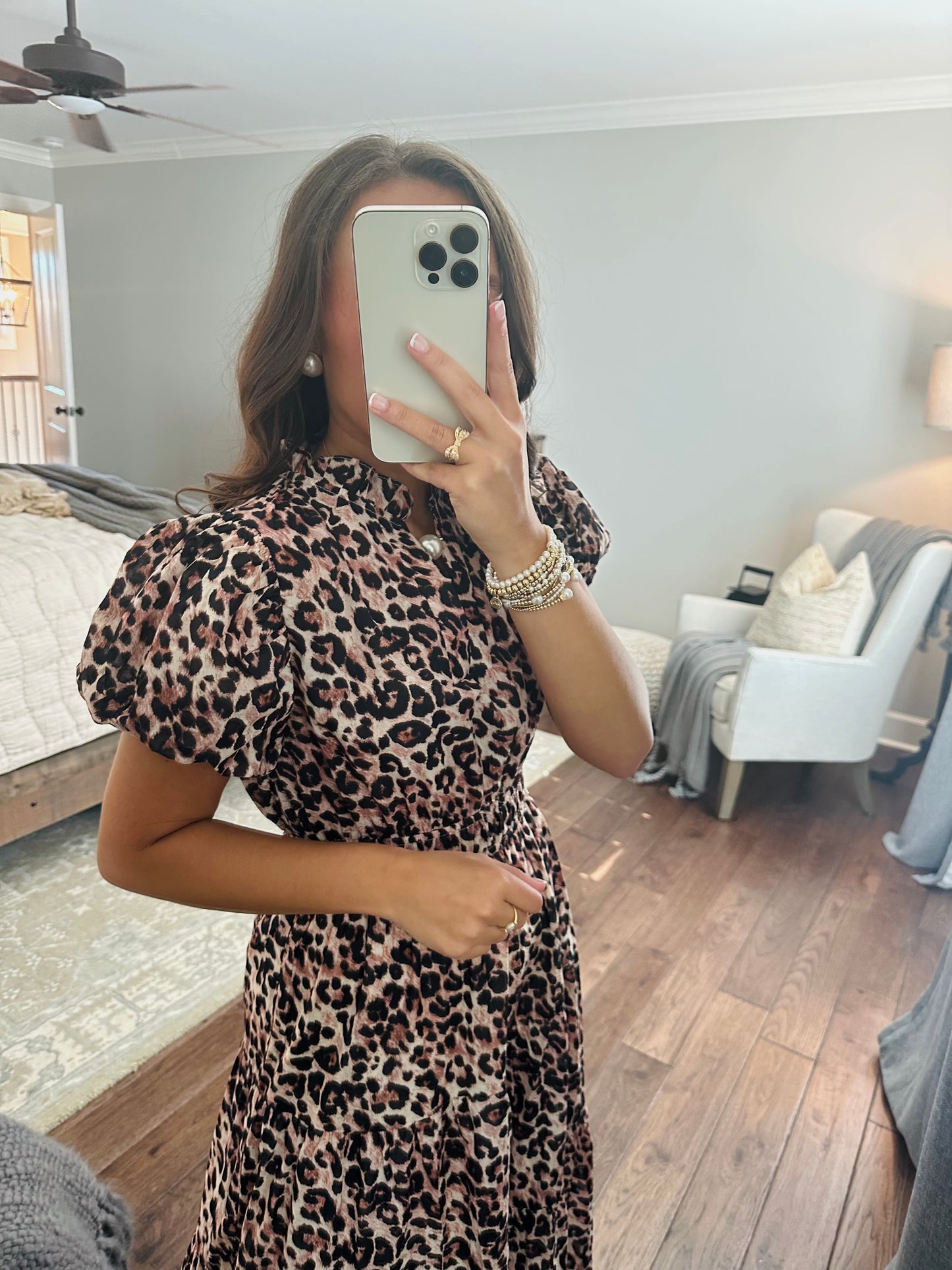 The Elizabeth Leopard Print Puff Sleeve Midi Dress
