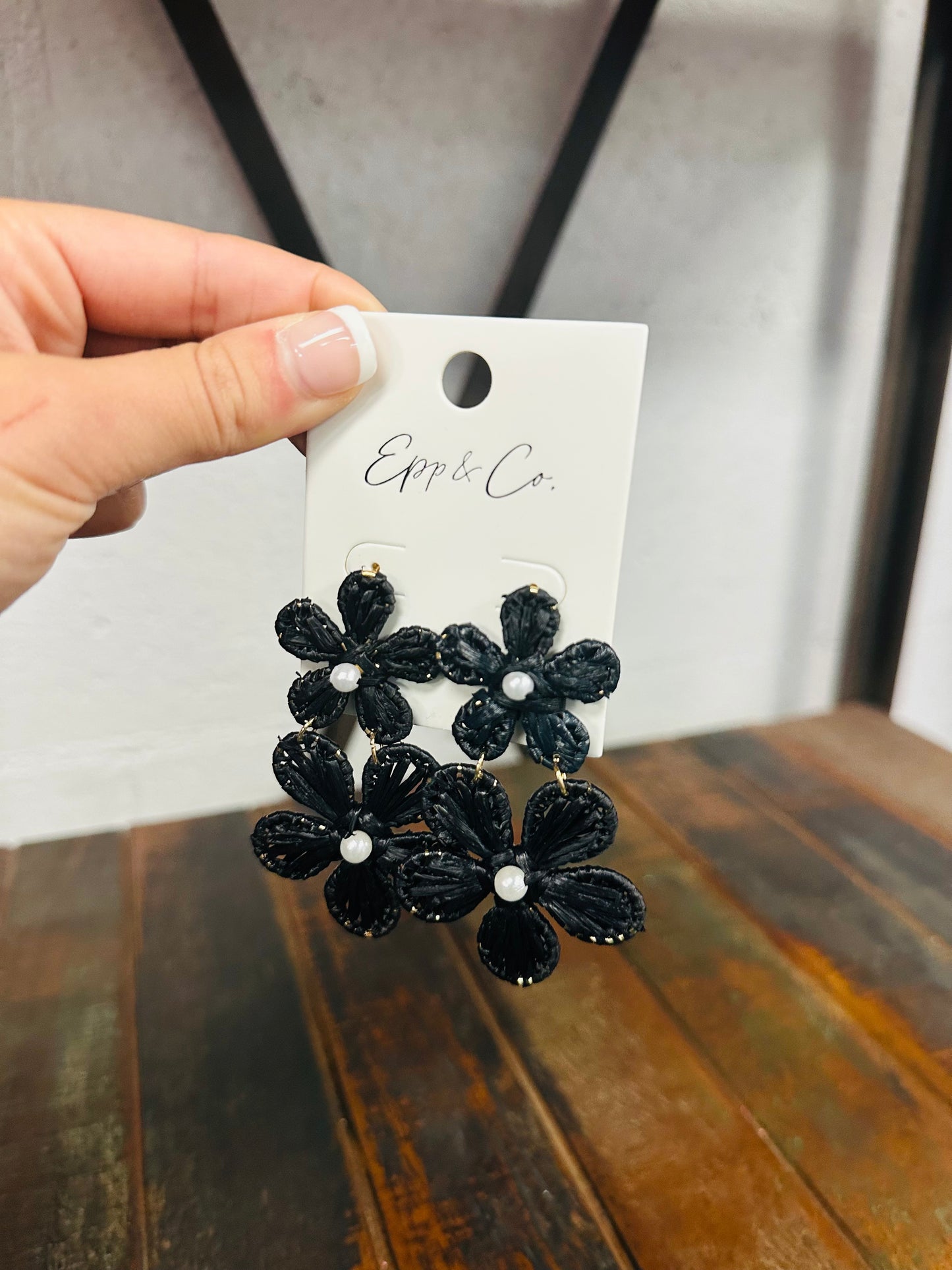 Black Double Raffia Flower Drops