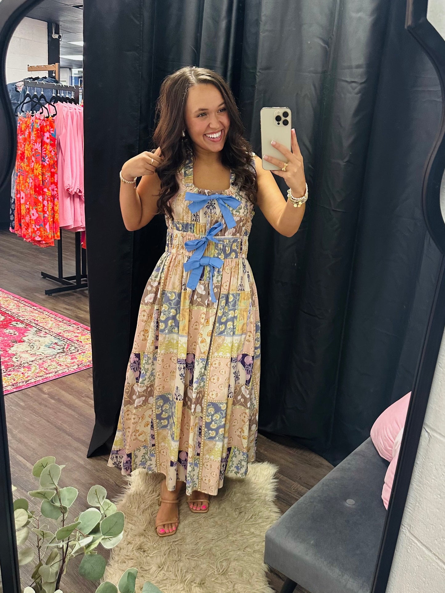 The Avery Patchwork Bow Midi Dress
