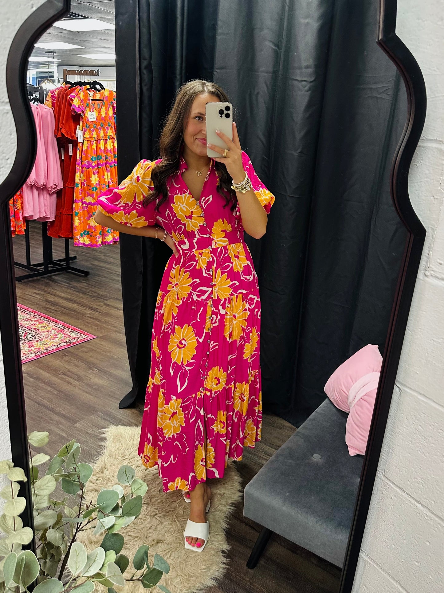 The Annamae Hot Pink Floral Midi Dress