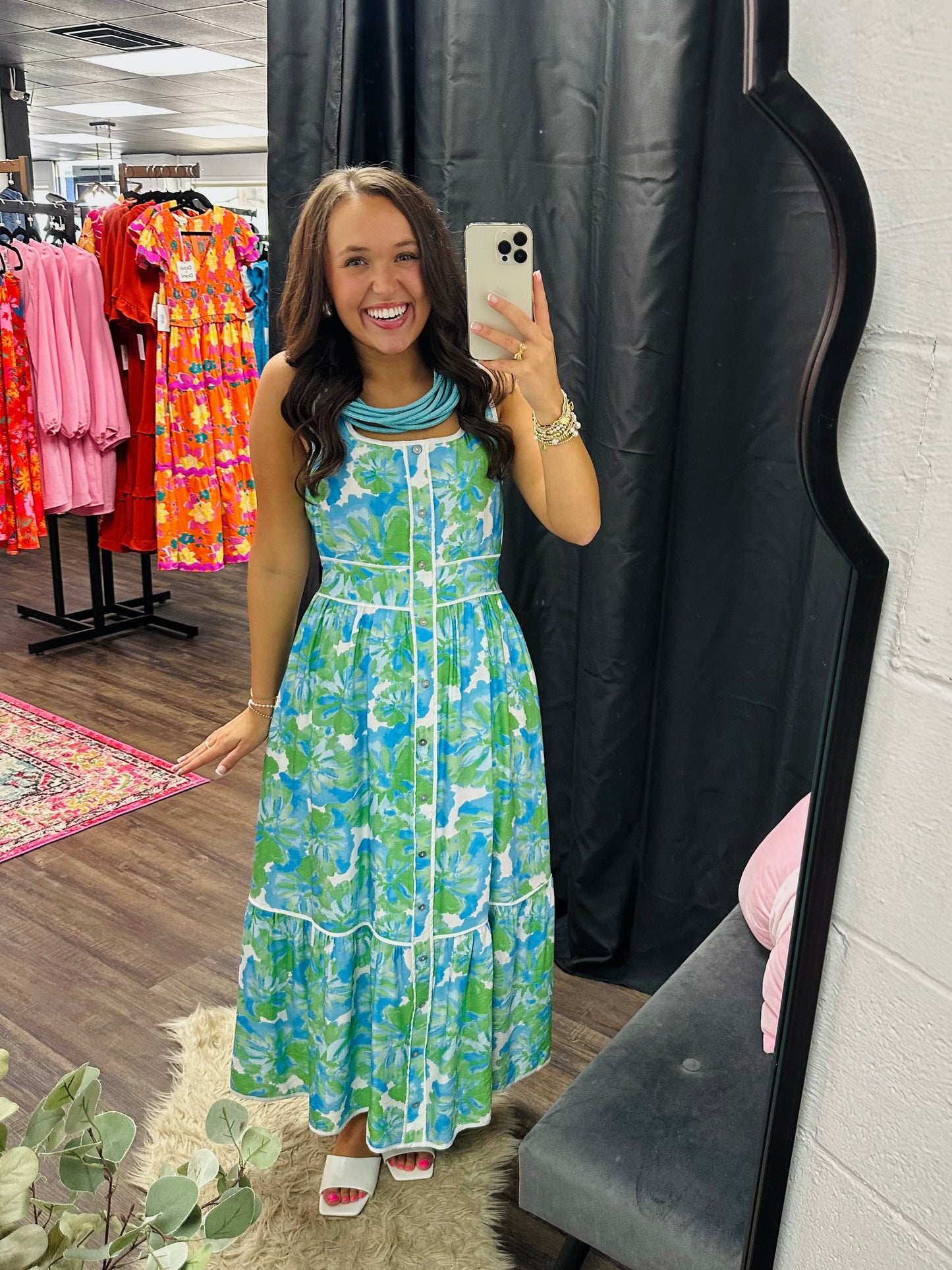 The Lakelynn Green Aqua Floral Midi Dress