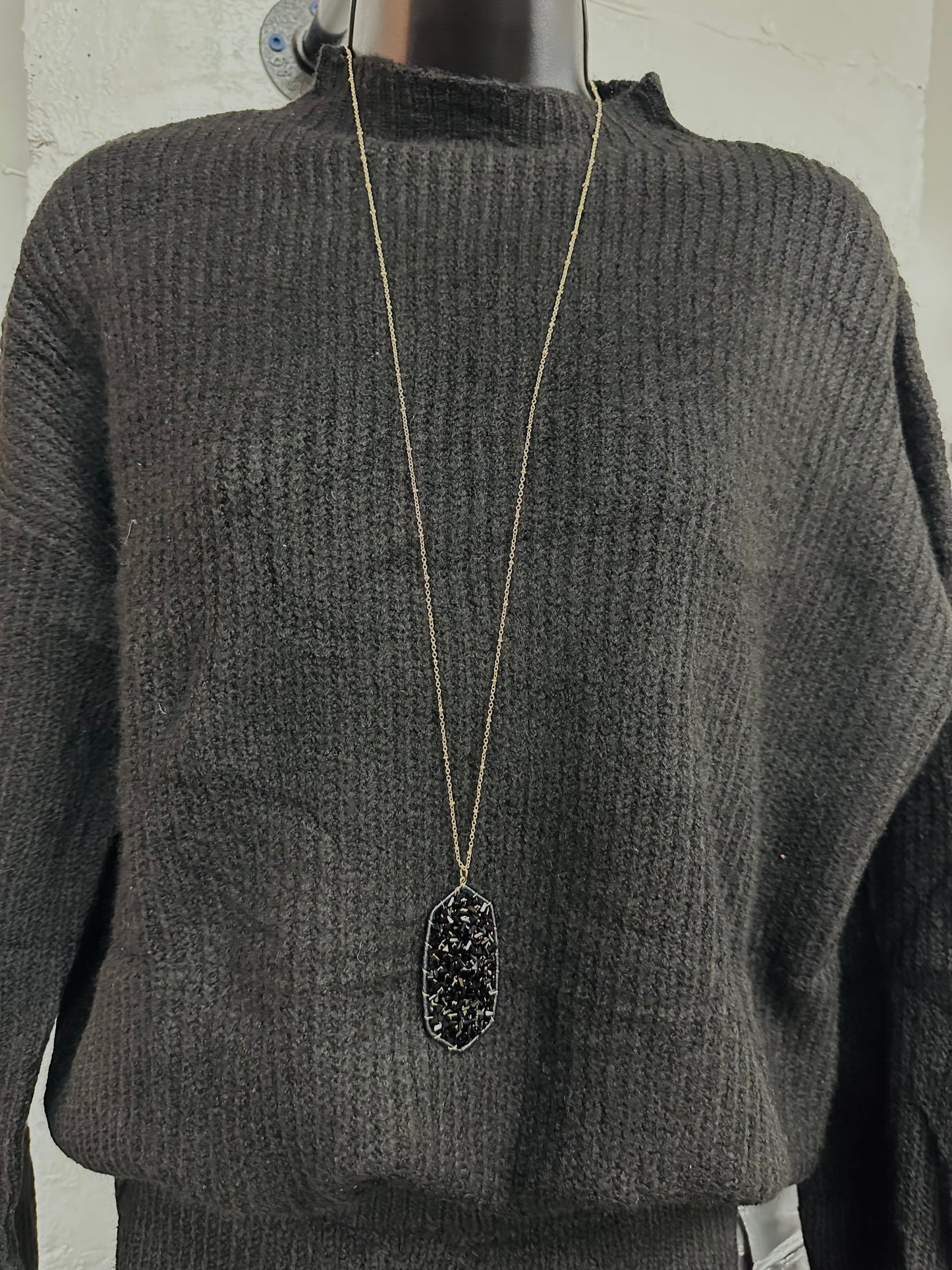 Jet Pendant Beaded Long Necklace