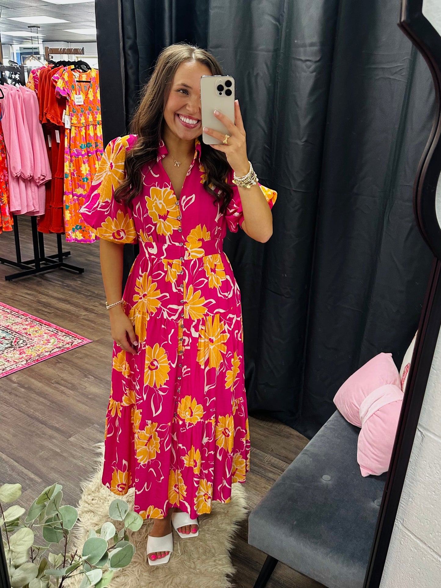 The Annamae Hot Pink Floral Midi Dress