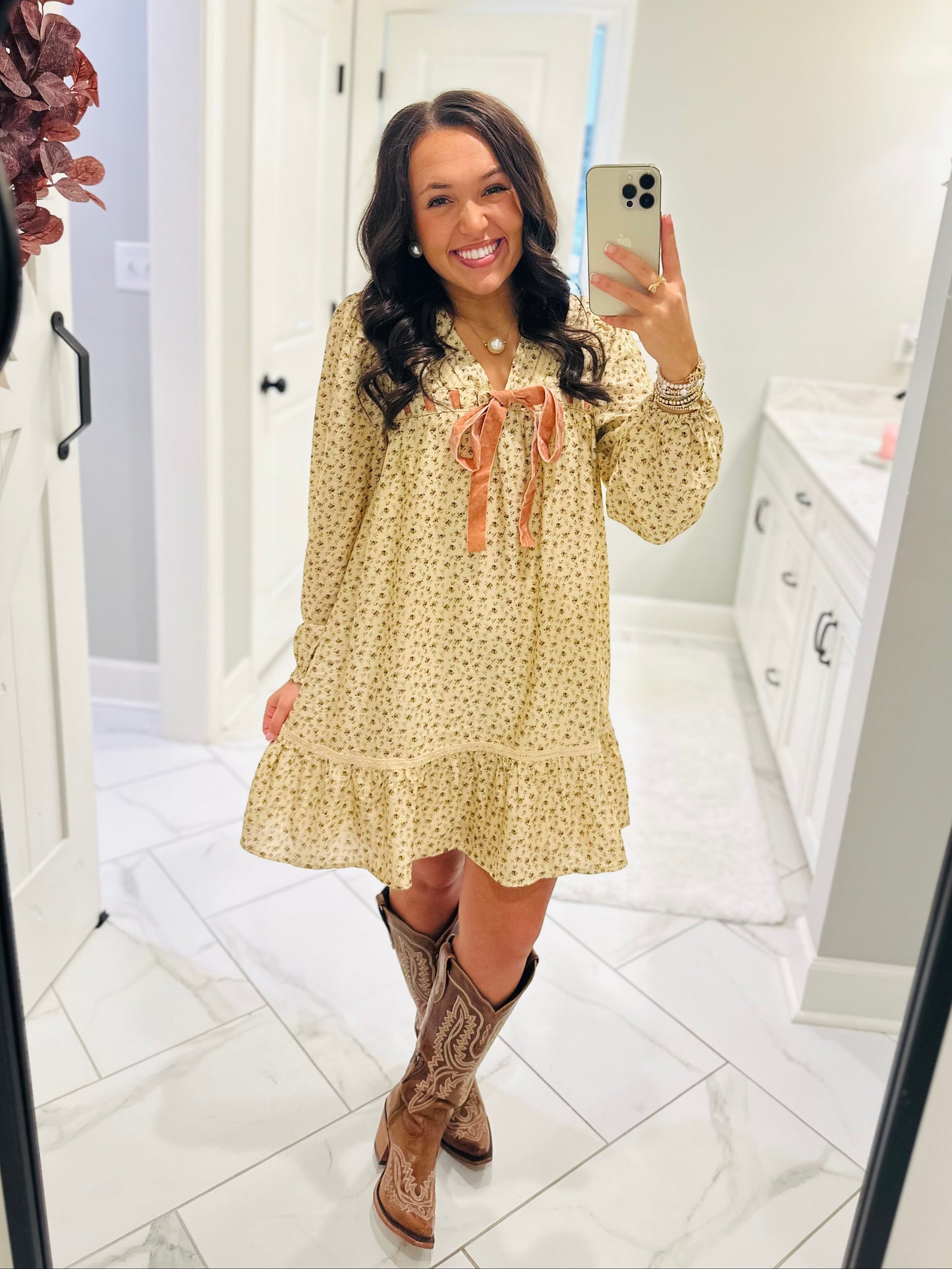 The Rhea Cream Floral Long Sleeve Bow Detail Dress