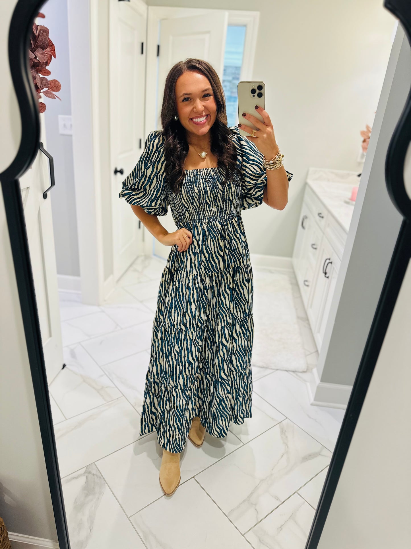 The Gracie Teal Smocked Midi Dress
