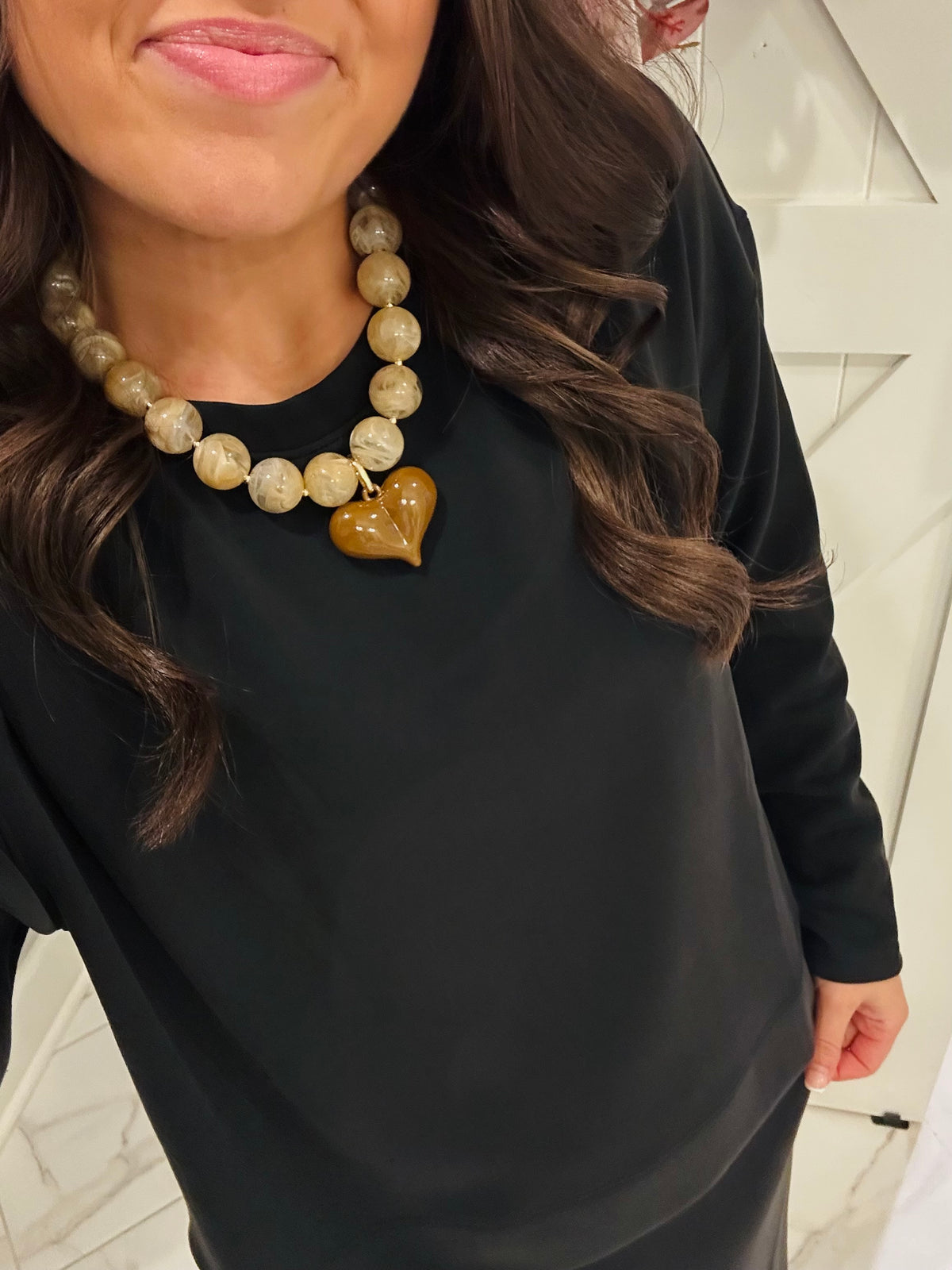 Brown + Beige Puffy Heart Marble Necklace