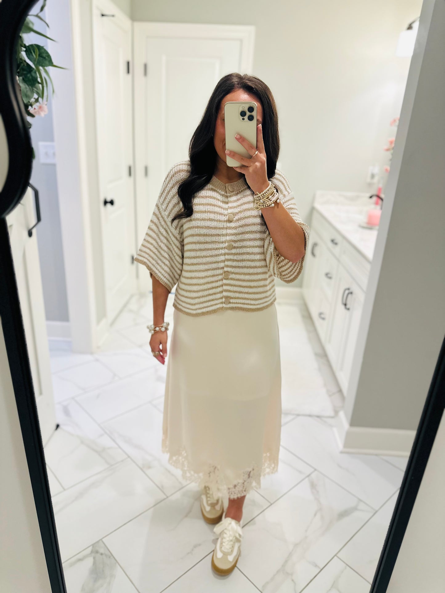 The Dallas Ecru Satin Lace Midi Skirt