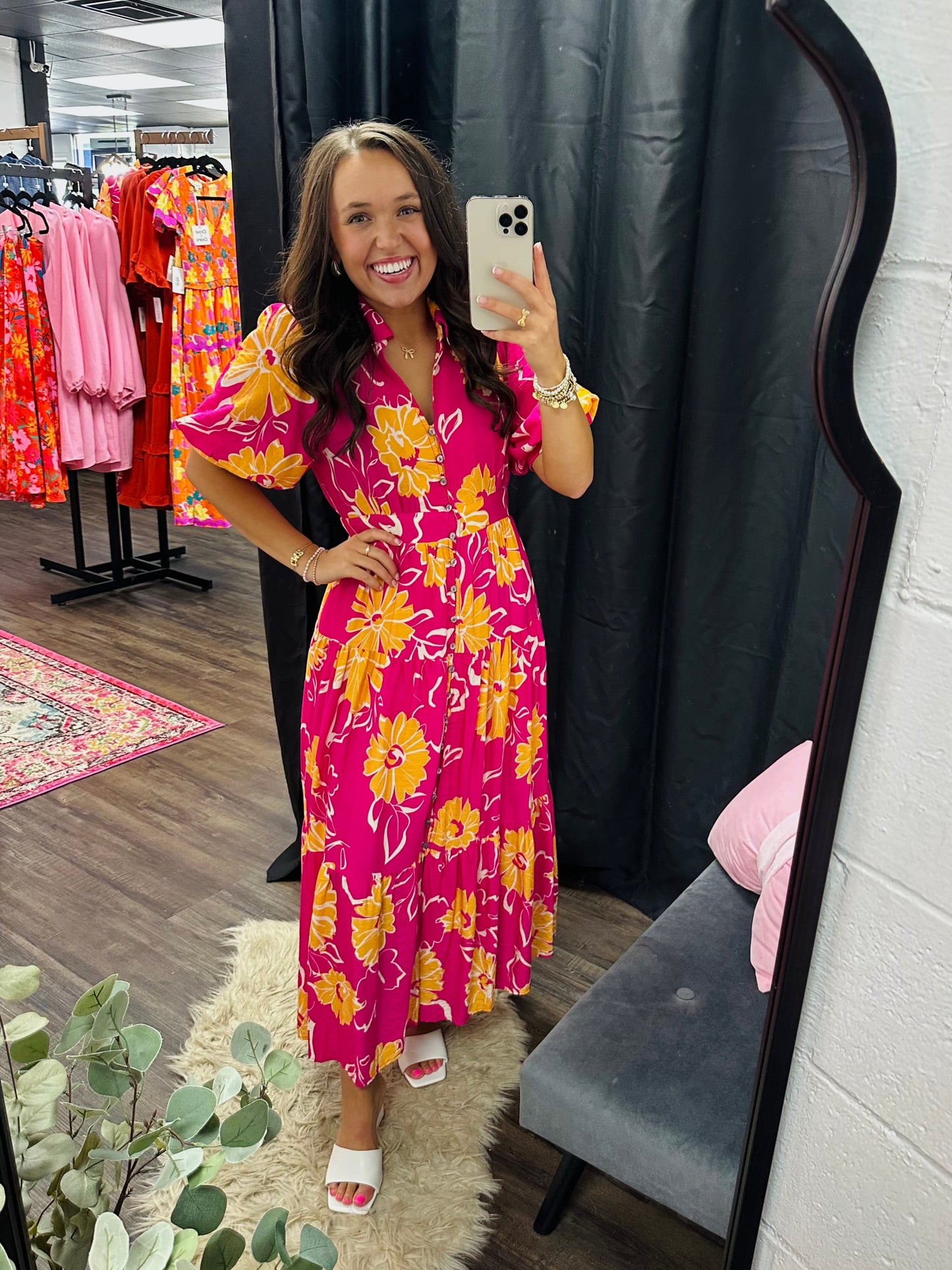 The Annamae Hot Pink Floral Midi Dress