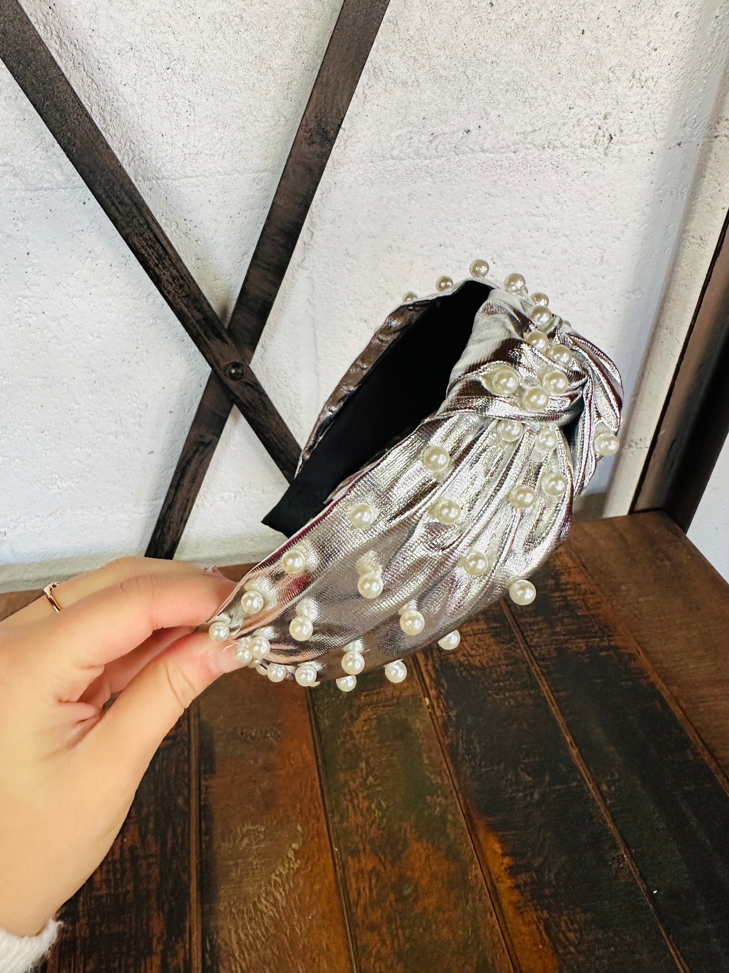 Silver Metallic Pearl Top Knot Headband