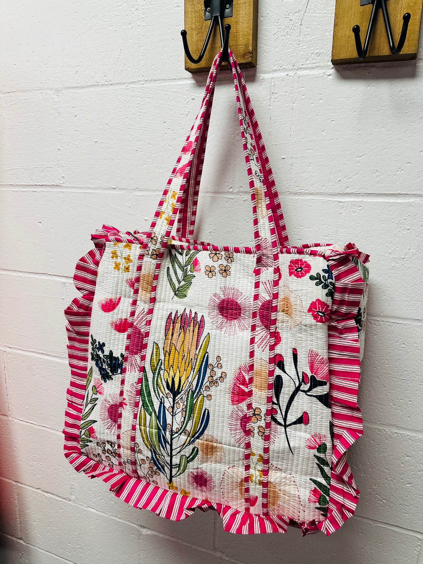 The White + Pink Floral Ruffle Quilted Tote Bag