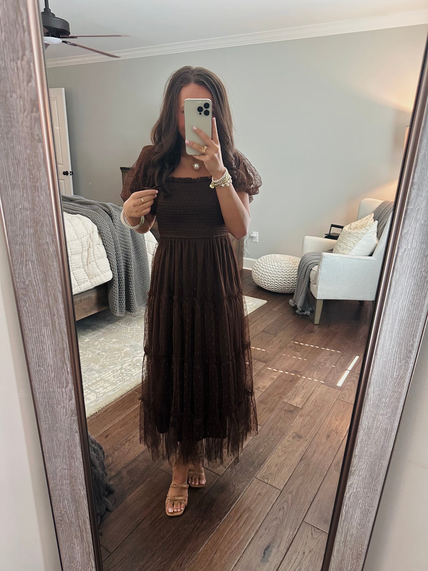 The Autumn Brown Polka Dot Chiffon Puff Sleeve Midi Dress