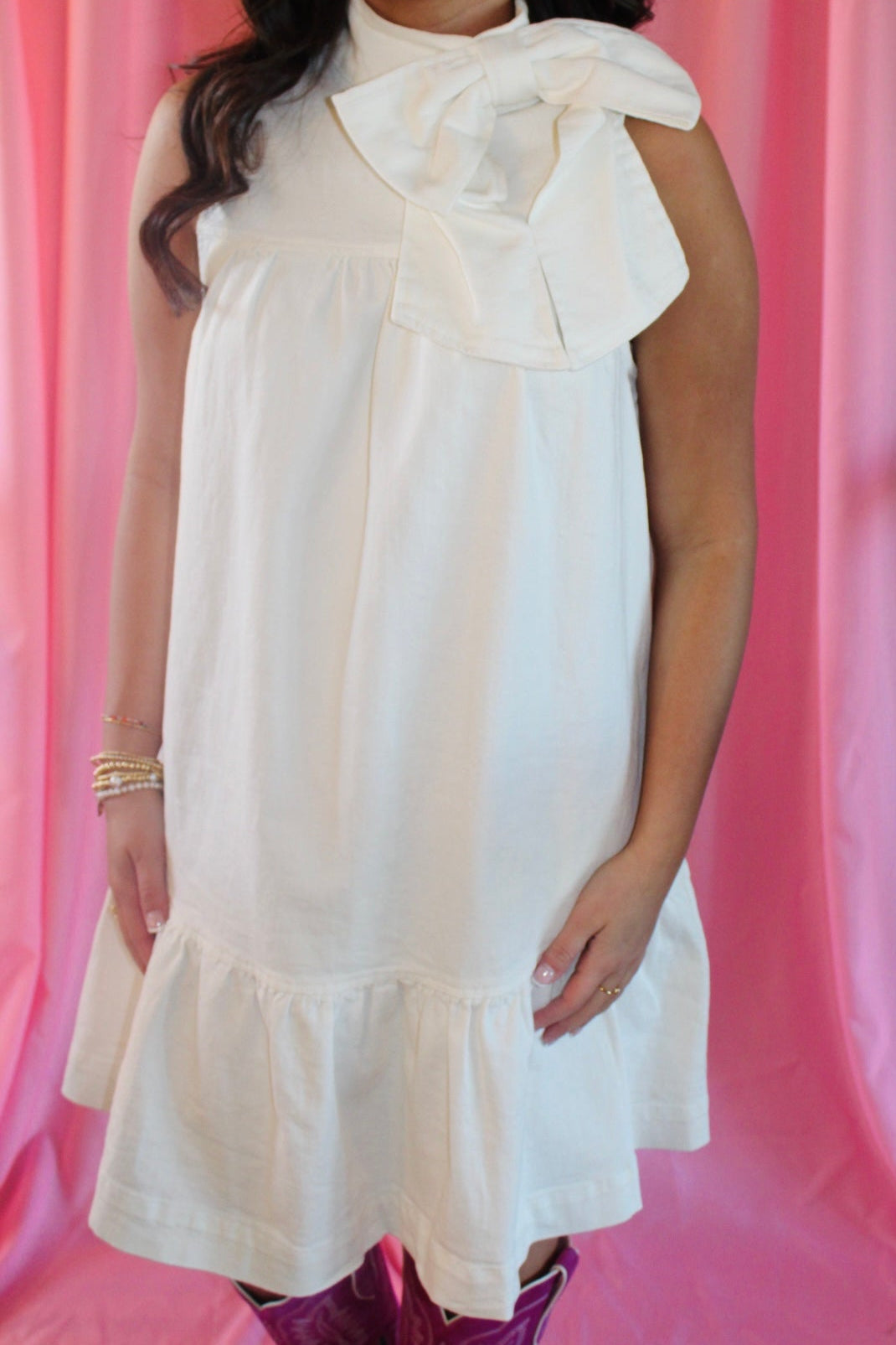 The Pearl Bow Denim Dress